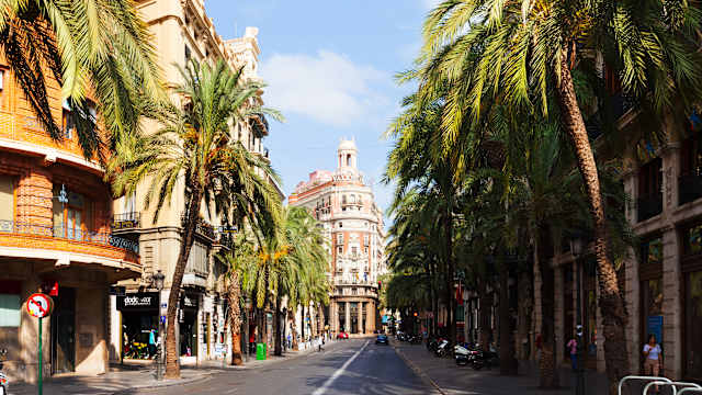 Blick durch die palmengesäumte Straßen der Altstadt in Valencia.