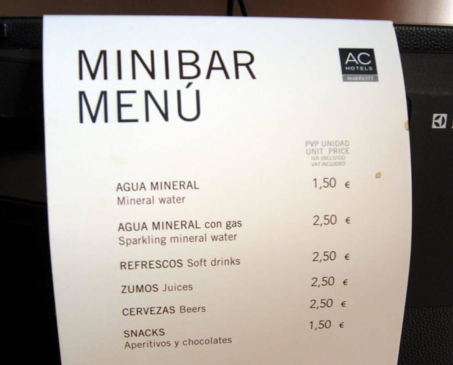 Minibar Price List AC Hotel Gran Canaria By Marriott Las Palmas De