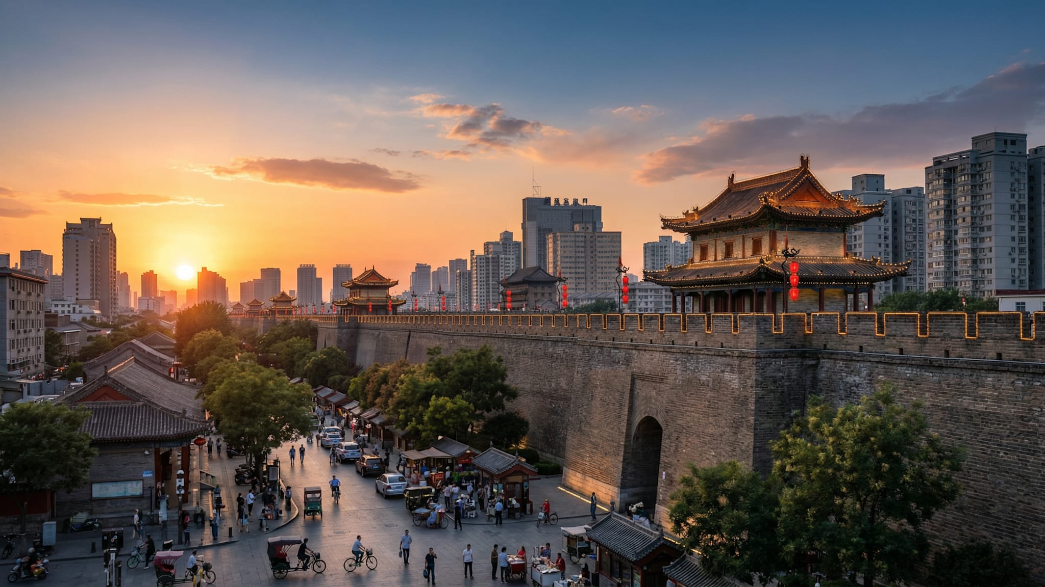 Panorama von Xi’an mit Stadtmauer im Abendlicht © KI