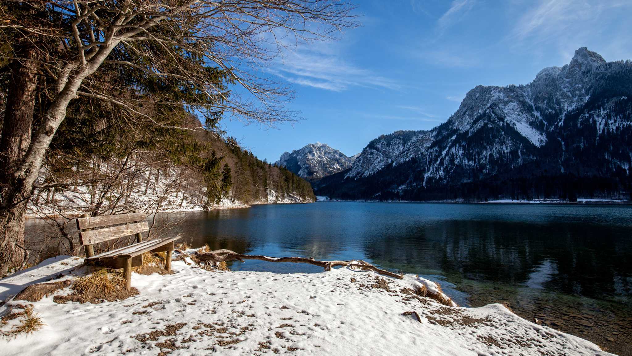 Der Alpsee im Allgäu im Winter, mit verschneiten Bergen im Hintergrund und klarem Wasser, das die Umgebung widerspiegelt.
