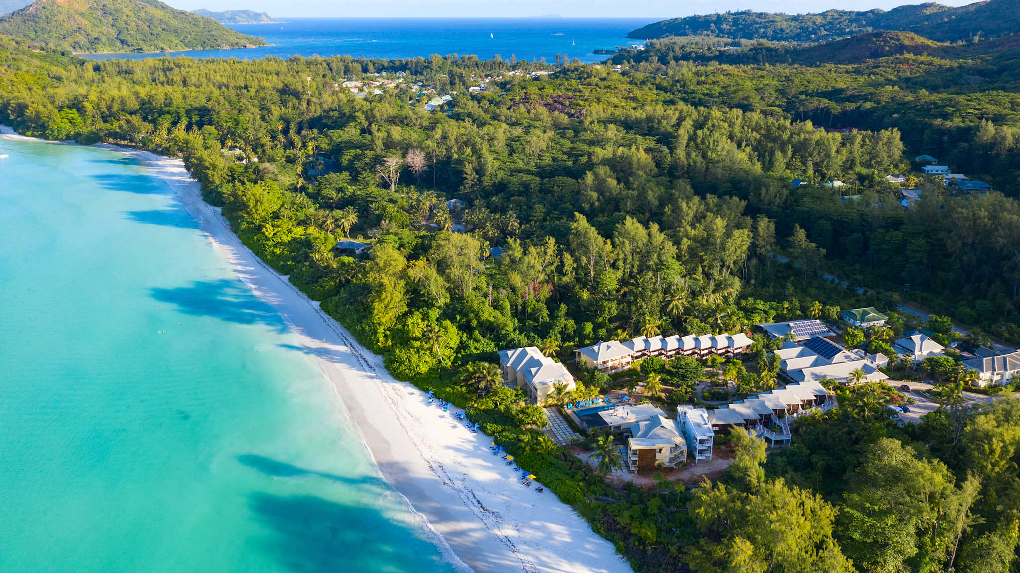 Blick von oben auf grüne Landschaft mit Sandstrand am Meer