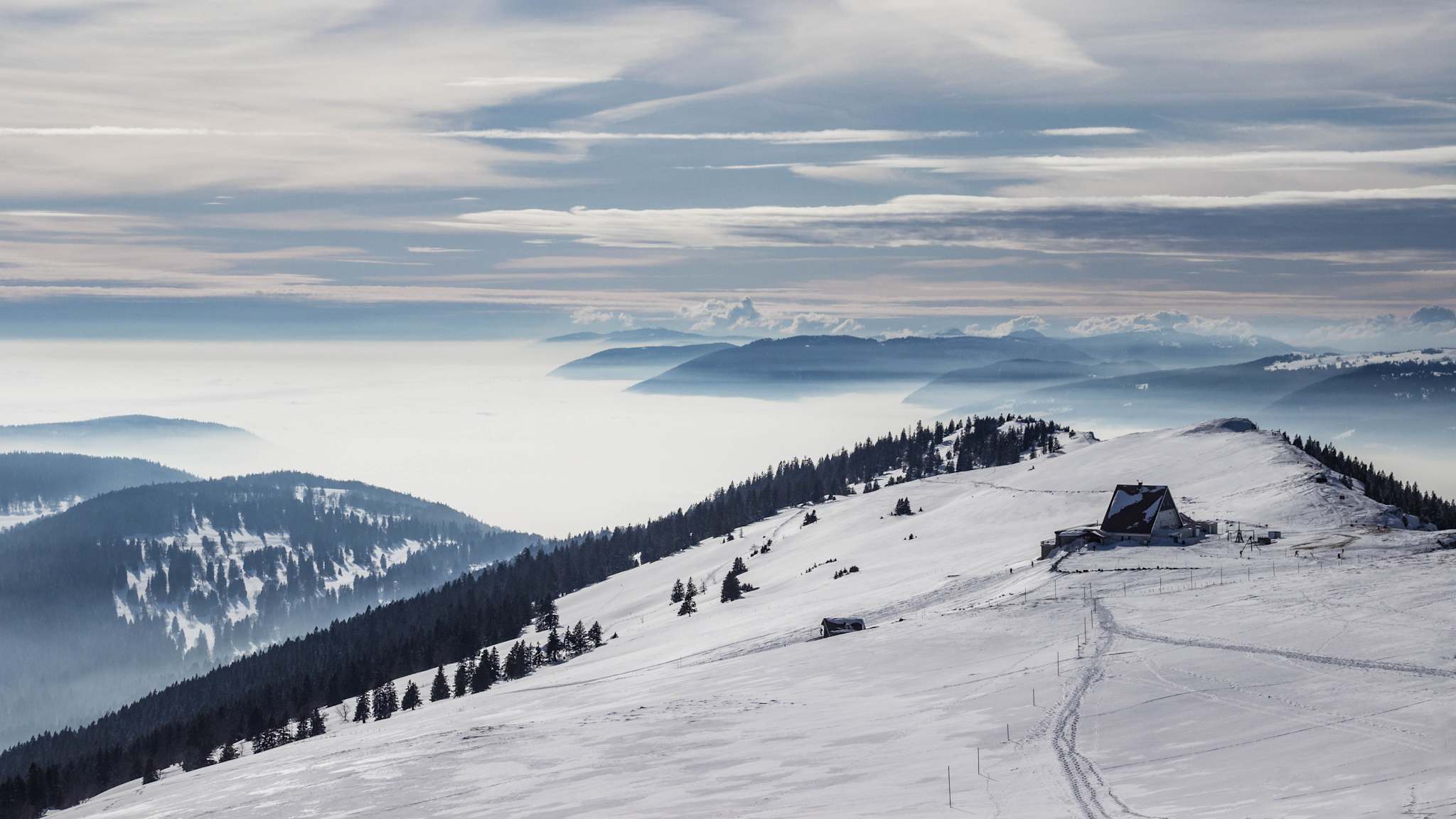Ausblick auf verschneite Gipfellandschaft mit Haus und Tannen vor nebeligem Tal.