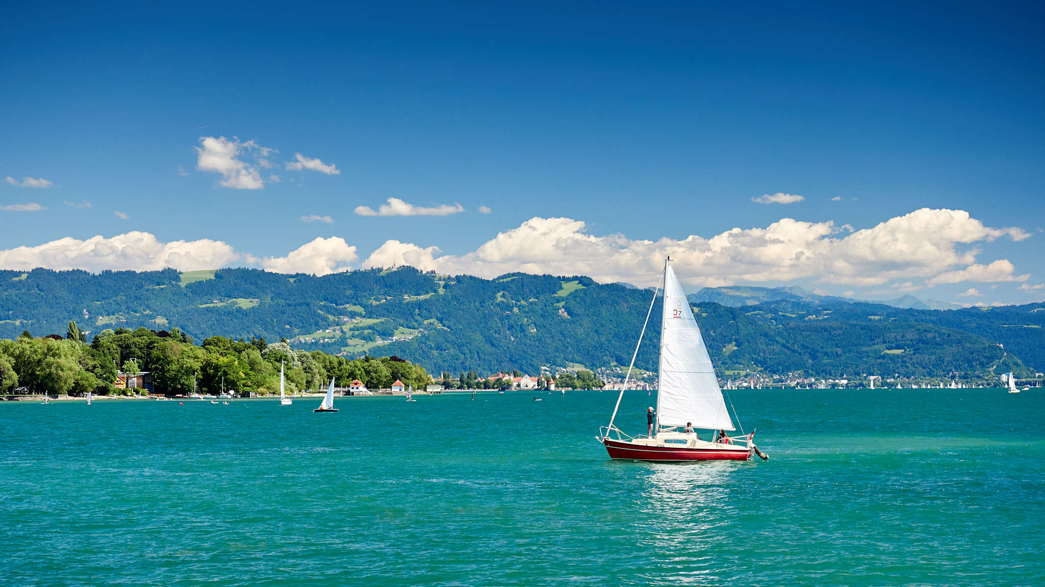 Boot auf dem Bodensee, bewaldete Hügel im Hintergrund