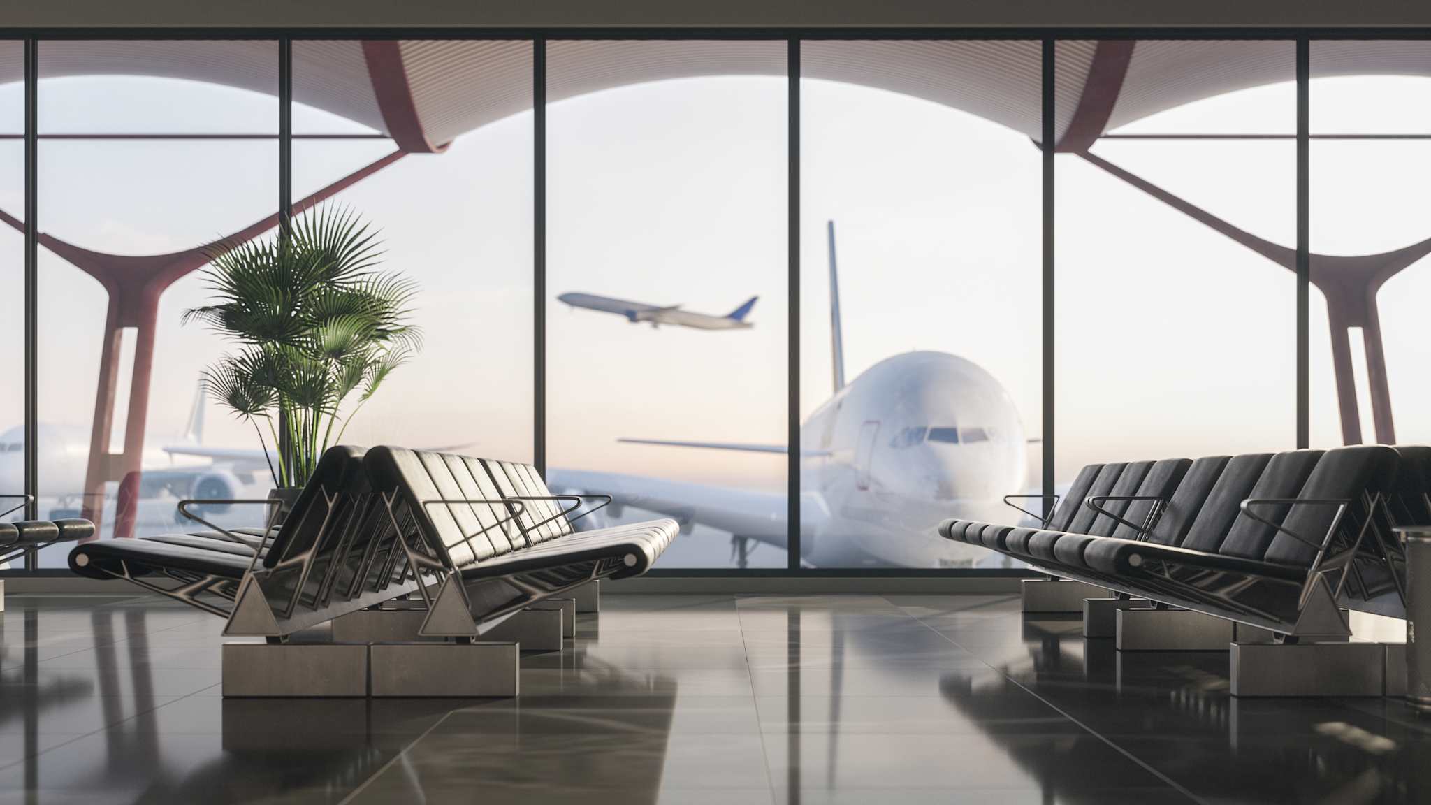 Innenansicht eines Flughafen-Terminals mit Sitzreihen und großer Fensterfront; draußen steht ein Flugzeug am Gate, während ein weiteres Flugzeug im Hintergrund startet.