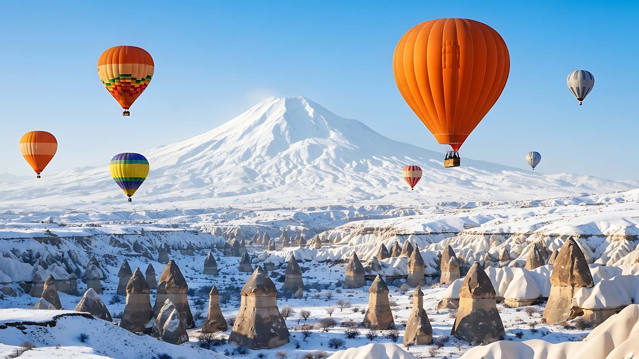 Heißluftballons über Kappadokien im Winter, Türkei