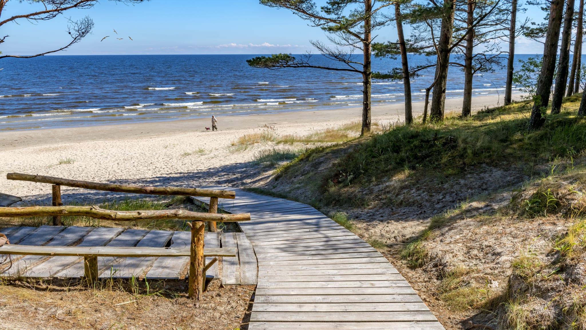 Holzweg führt an einen Strand am sonnigen Tag in Jurmala © iStock.com/gorsh13