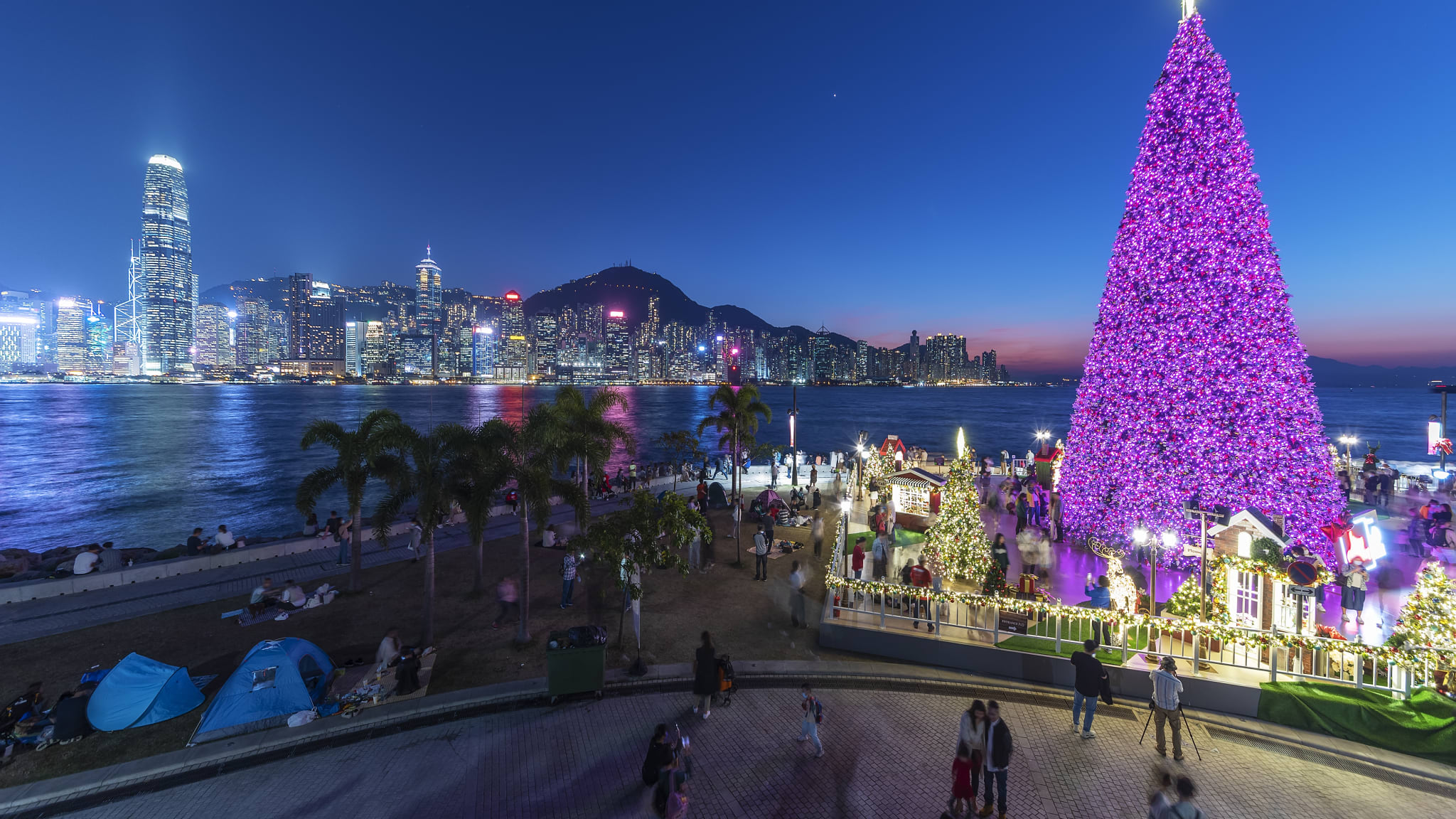 Landschaft des Weihnachtsbaums und Dekorations Skyline des Victoria Hafens©/ LeeYiu Tung/ iStock / Getty Images Plus via Getty Images