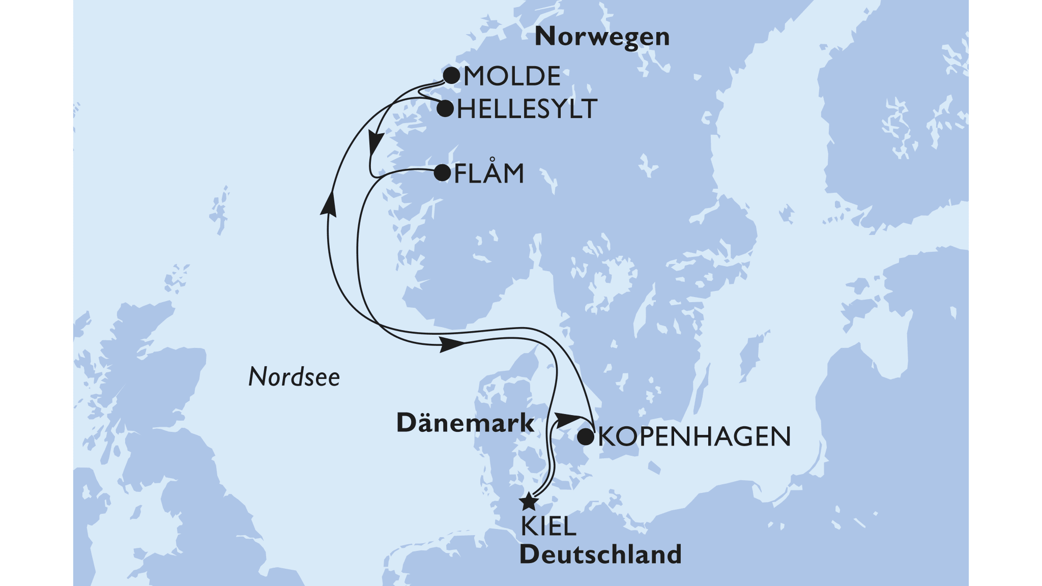 Eine mögliche Route der Norwegen-Kreuzfahrt auf der MSC Euribia © msccruises