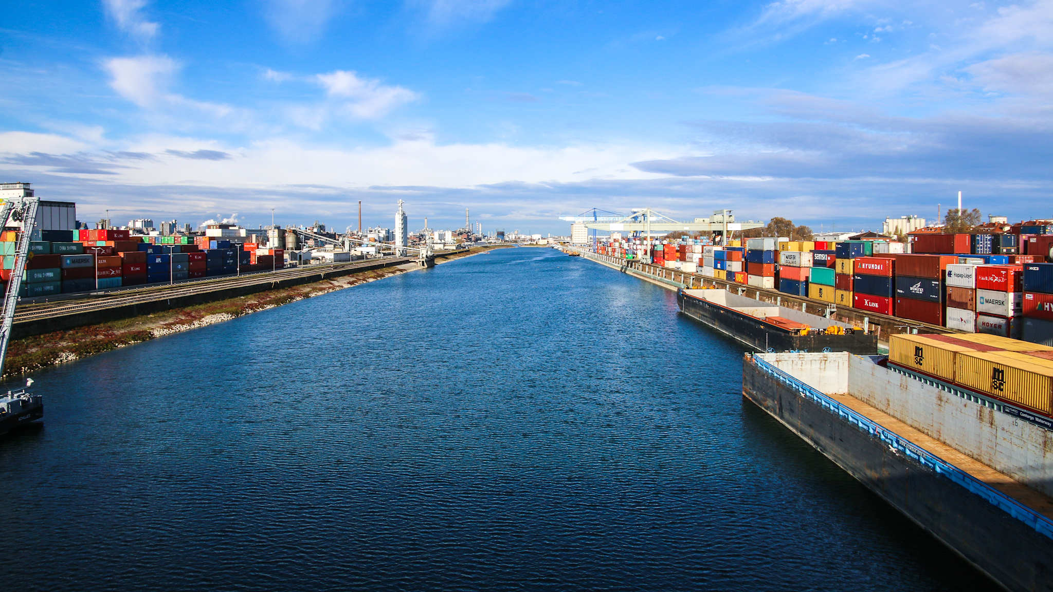 Ausblick auf das blaue Hafenbecken mit Containern und Kränen an den Seiten und Mannheim in der Ferne