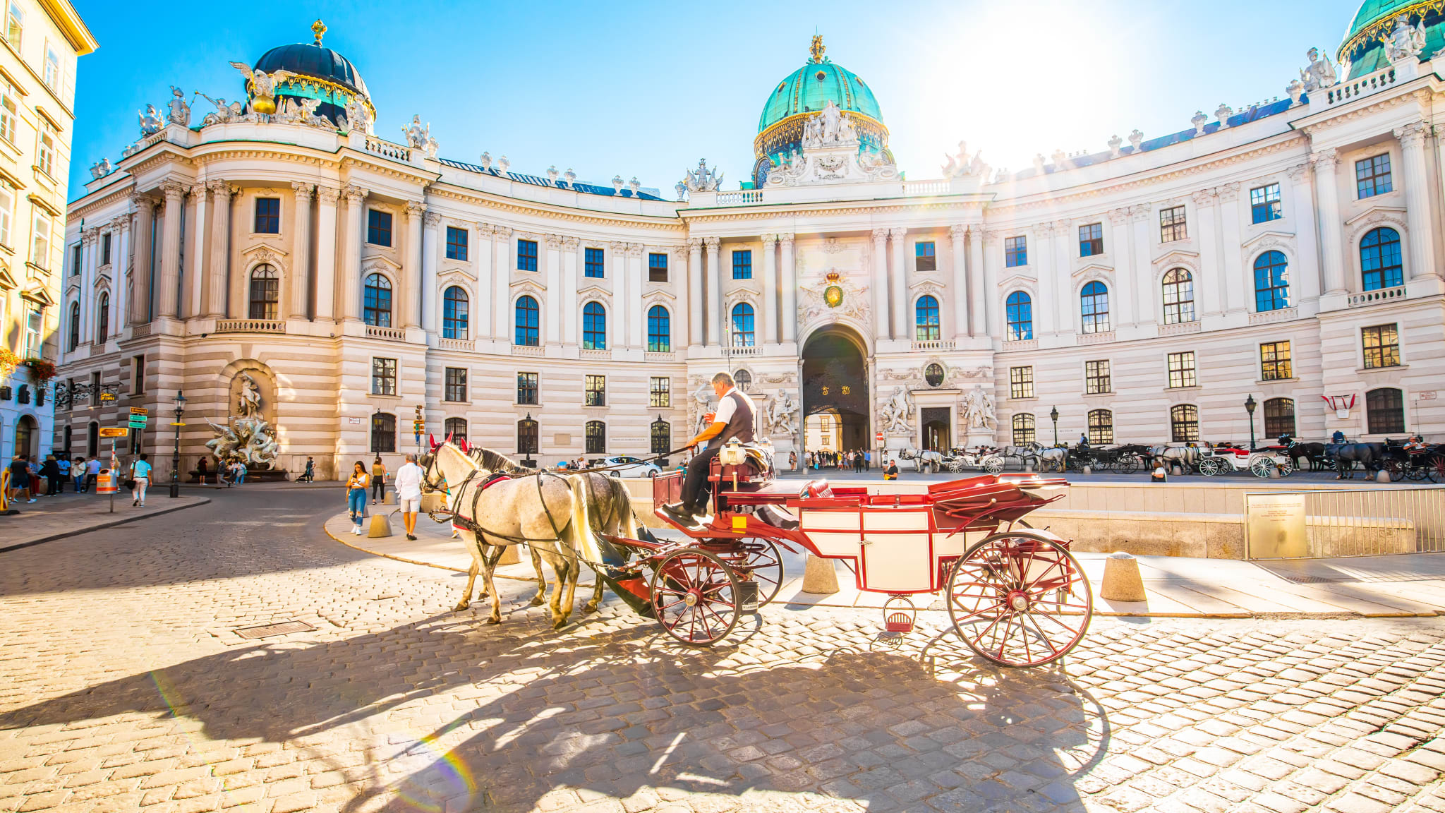 Pferdekutsche vor der Hofburg im sonnigen Wien