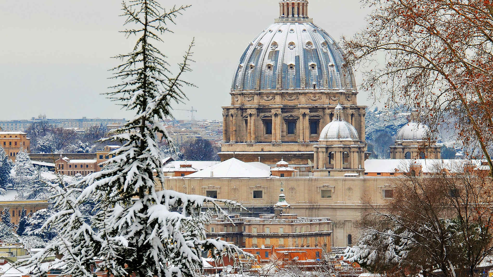 Verschneite Bäume und Petersdom in Rom.