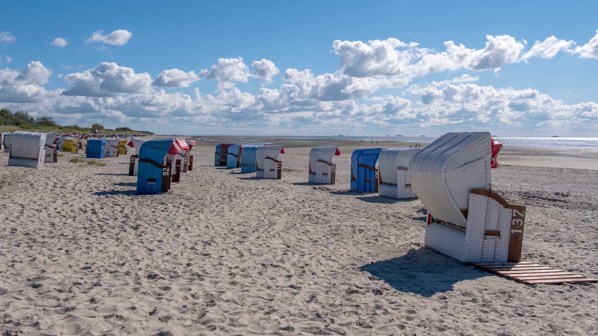 Bunte Strandkörbe am Strand von Nieblum auf Föhr in Schleswig-Holstein
