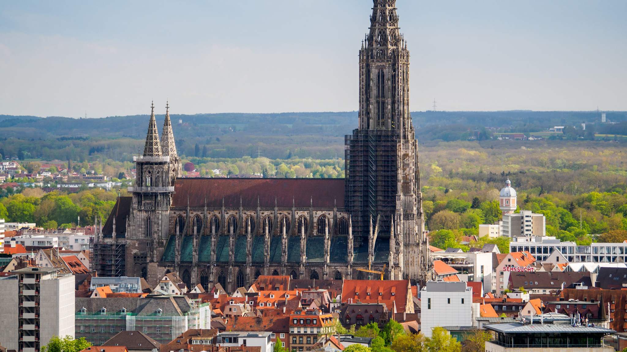 Blick auf das Ulmer Münster mit seinem hohen gotischen Turm, umgeben von roten Dächern der Altstadt und grüner Hügellandschaft im Hintergrund.