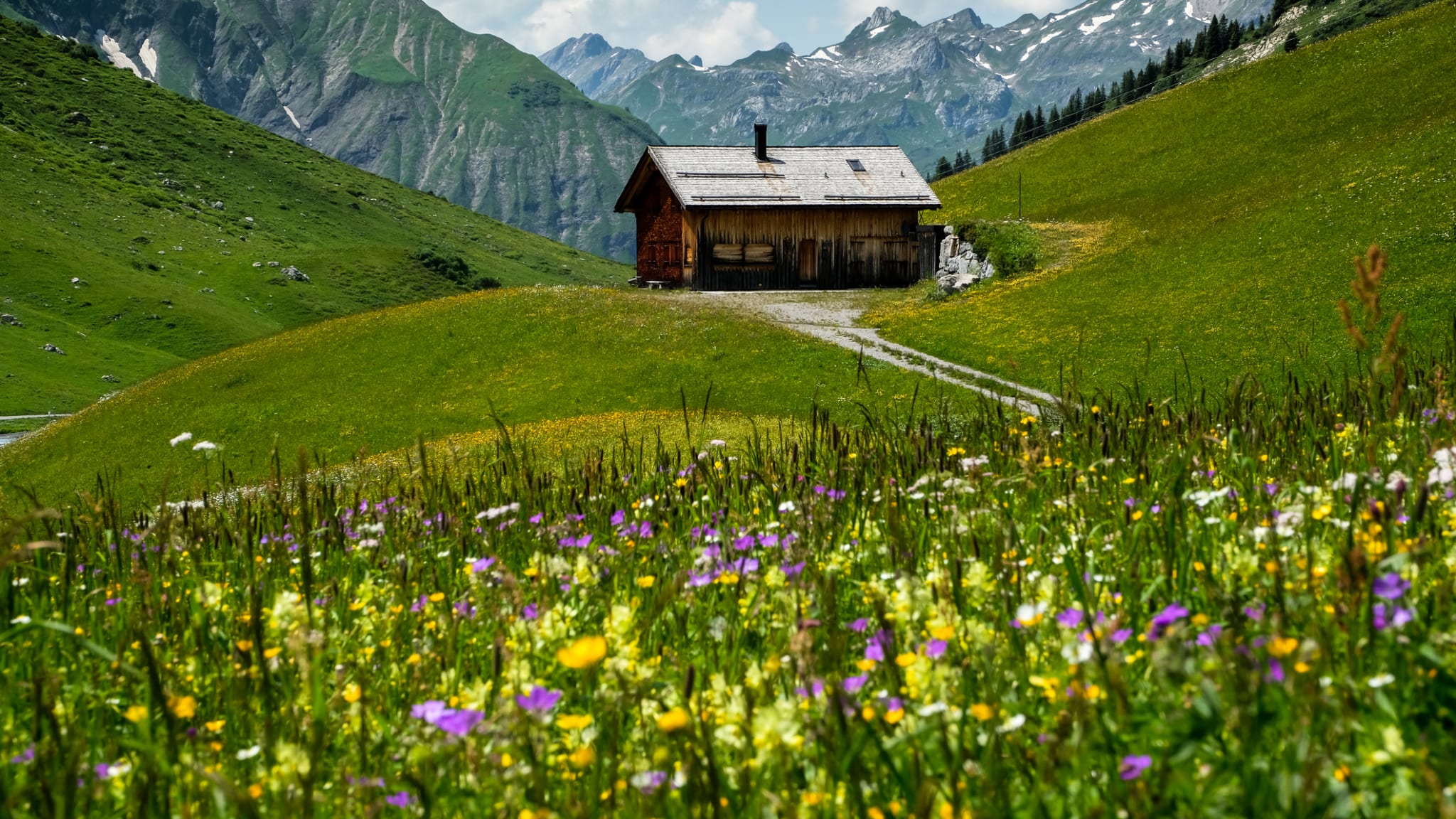 Almhütte zwischen Bergen in Vorarlberg, Österreich
