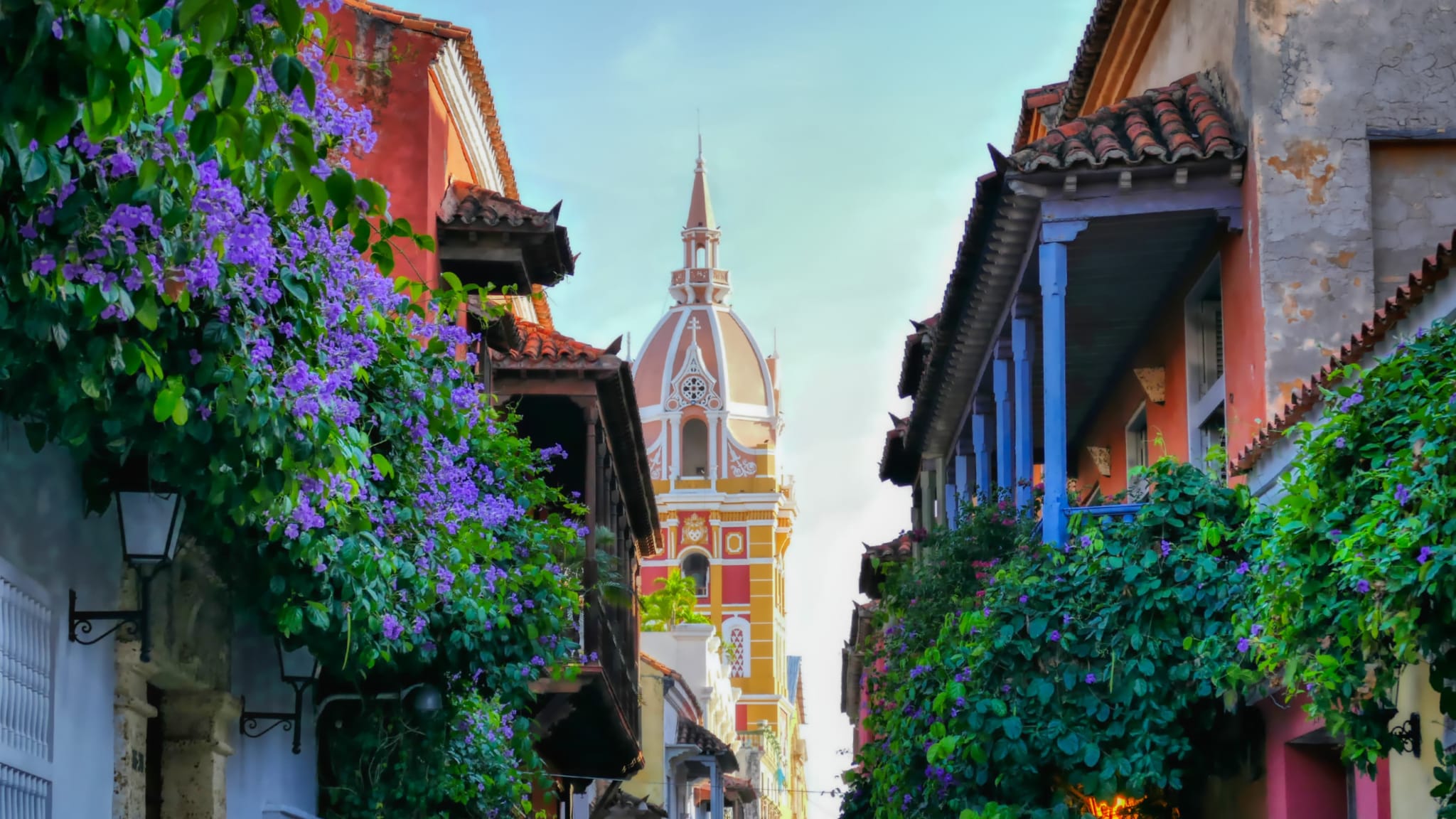 Die bunten Häuser und Kathedrale in Cartagena Columbien.