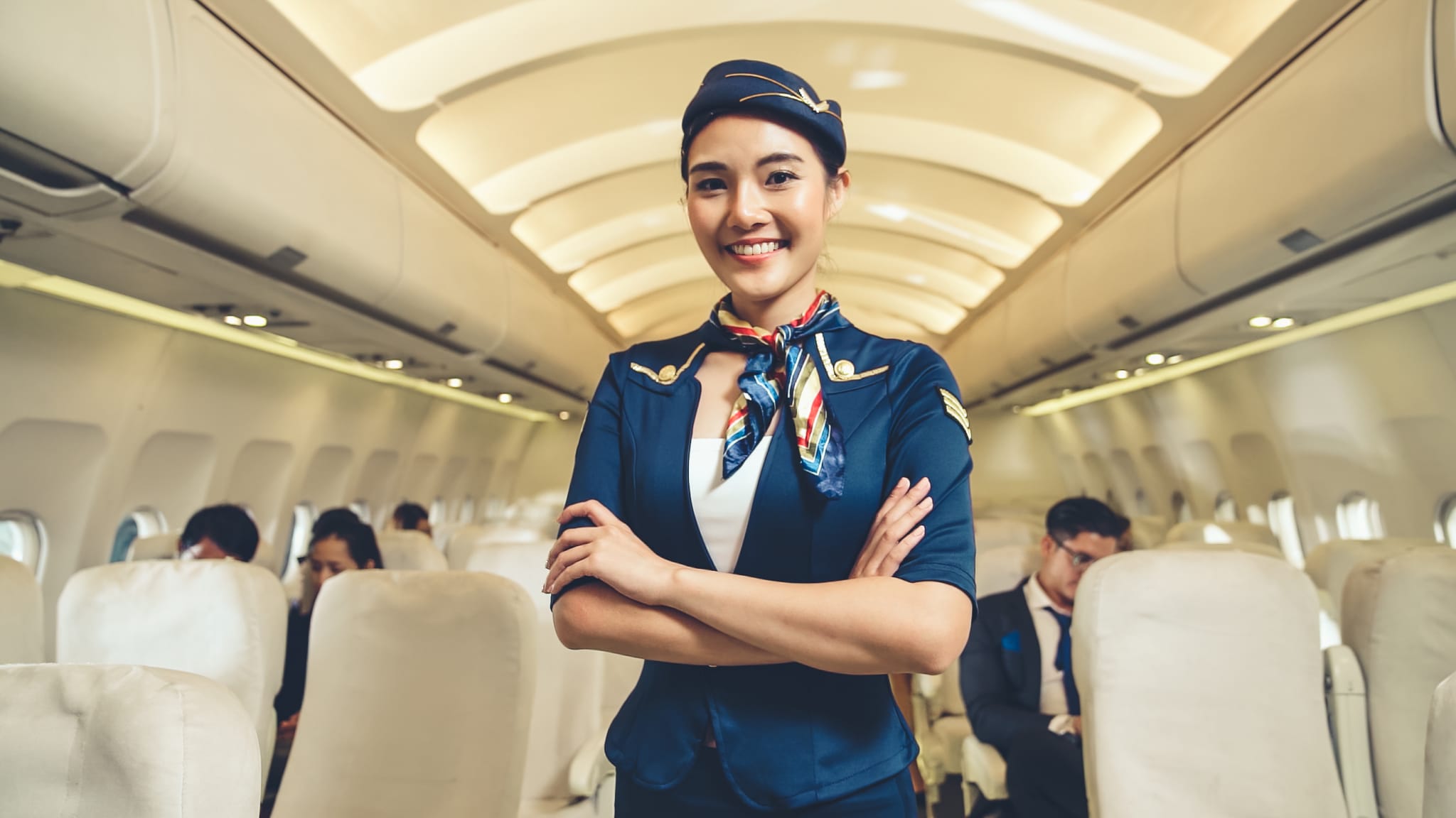 Eine FlugbegleiterIn in einer blauen Uniform mit Hut