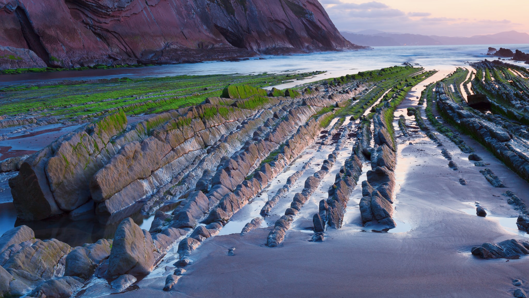 Man sieht moosbewachsene Steinrippen ins Wasser des Meeres ragen. Im Hintergrund sieht man eine große Klippe.