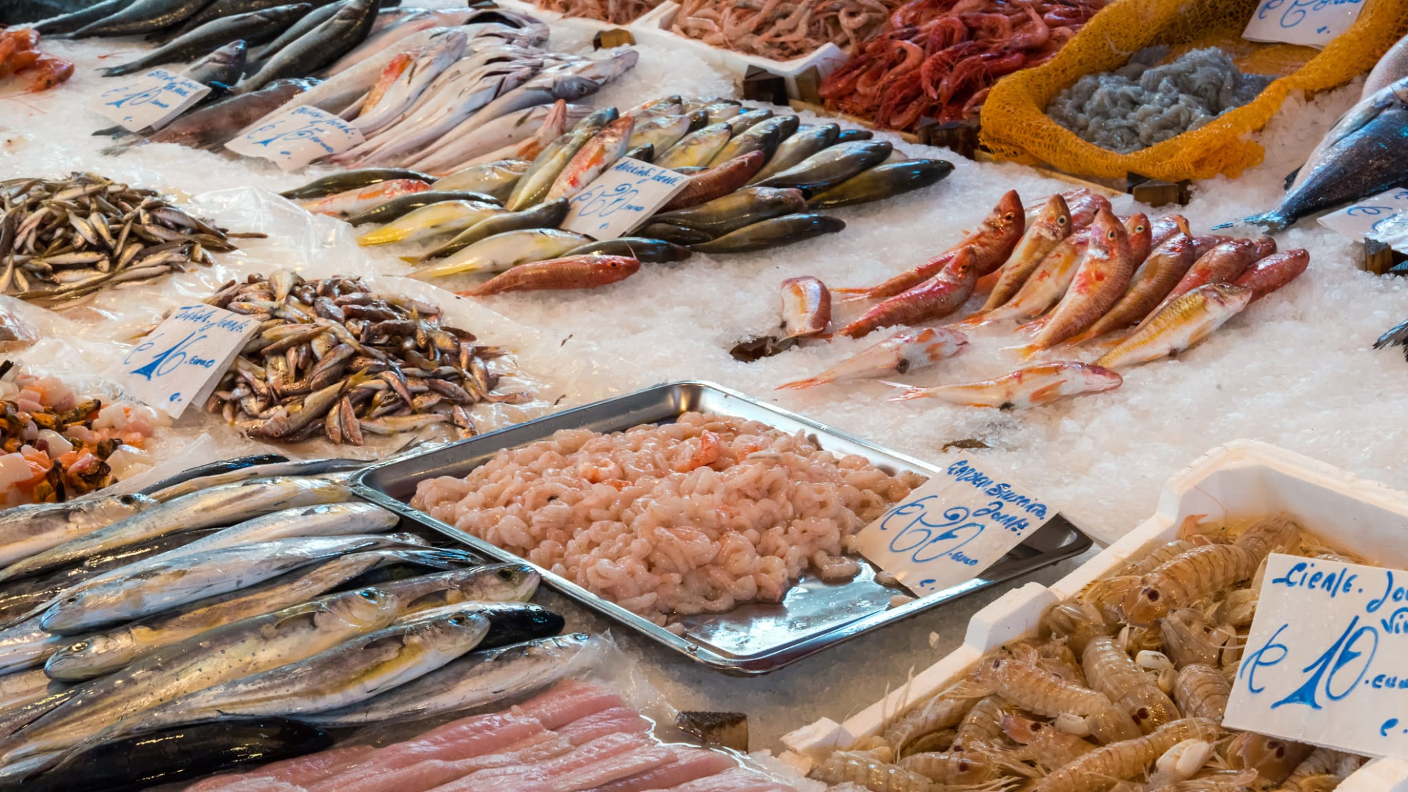 Frischer Fisch auf einer Auslage eines Marktstands in Sizilien, Italien.