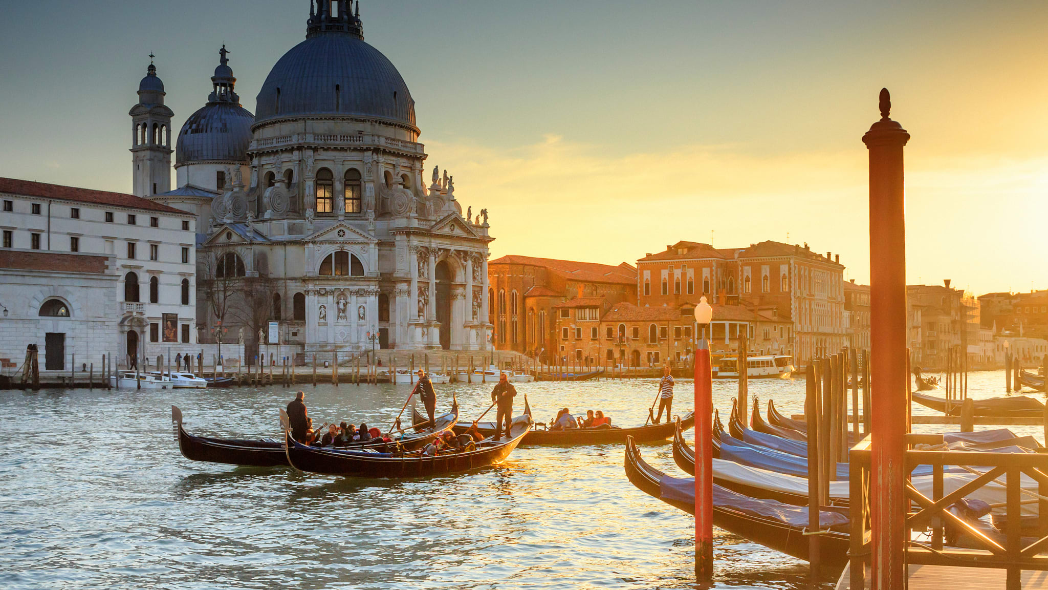 Gondeln und Wassertaxis am Canale Grande und der Kirche Santa Maria della Salute bei Sonnenuntergang, Canal Grande, Santa Maria della Salute, Venedig, Italien