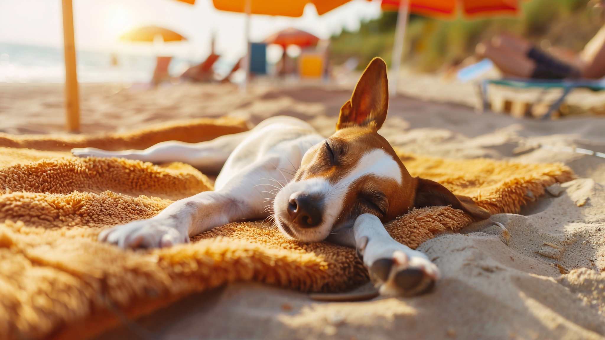 Ein Hund liegt auf einem Handtuch am Strand.