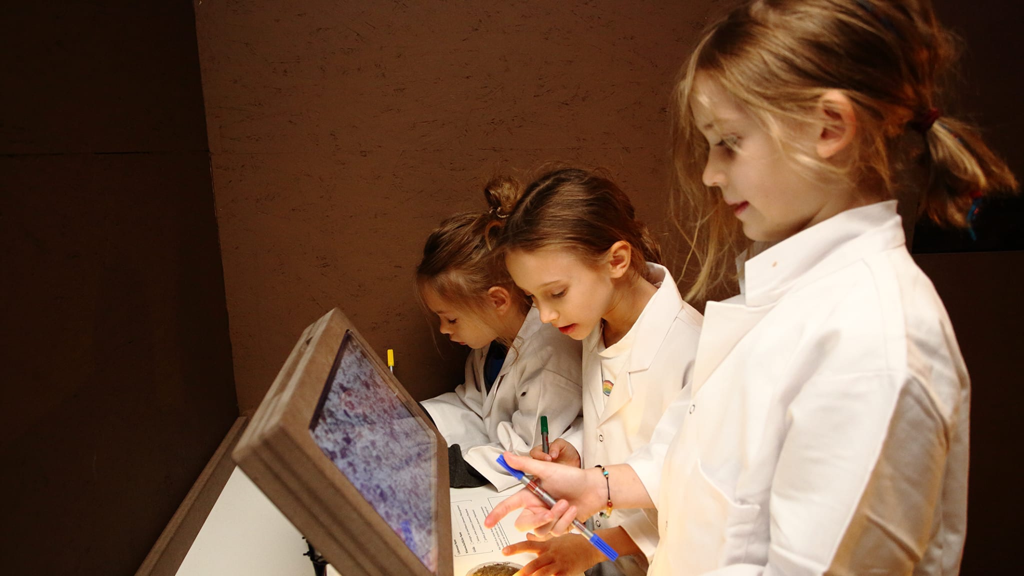 Im Mikroskopie-Labor des ZOOM-Kindermuseums erkunden die Jung-Forscher Mikroorganismen. © ZOOM Museum / J.J. Kucek