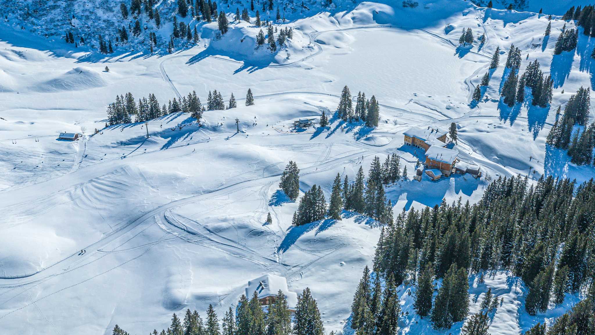 Blick auf eine verschneite Landschaft mit Tannenbäumen und kleinen Häusern
