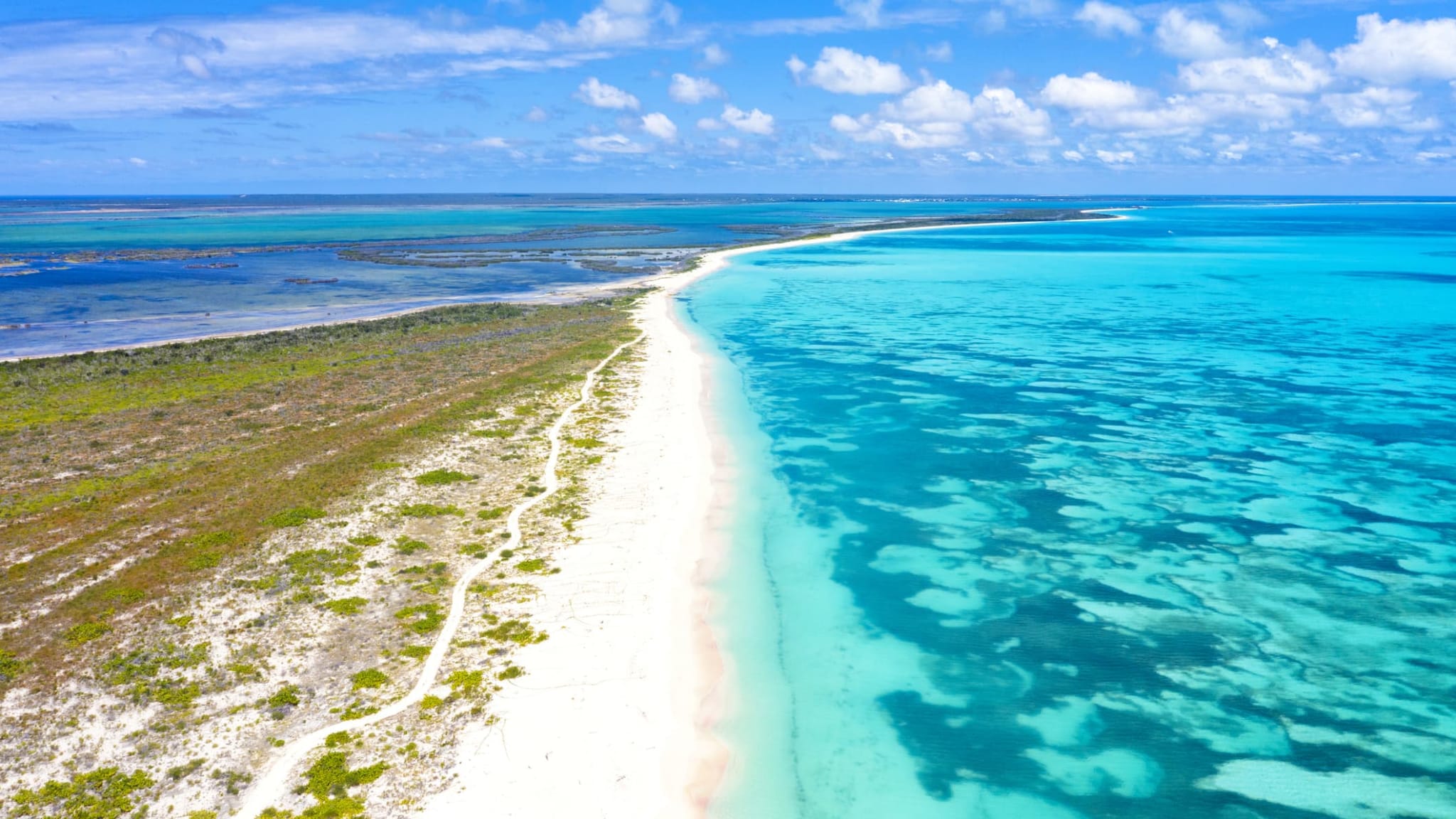 Luftaufnahme eines langen, karibischen Sandstrandes auf Barbuda.