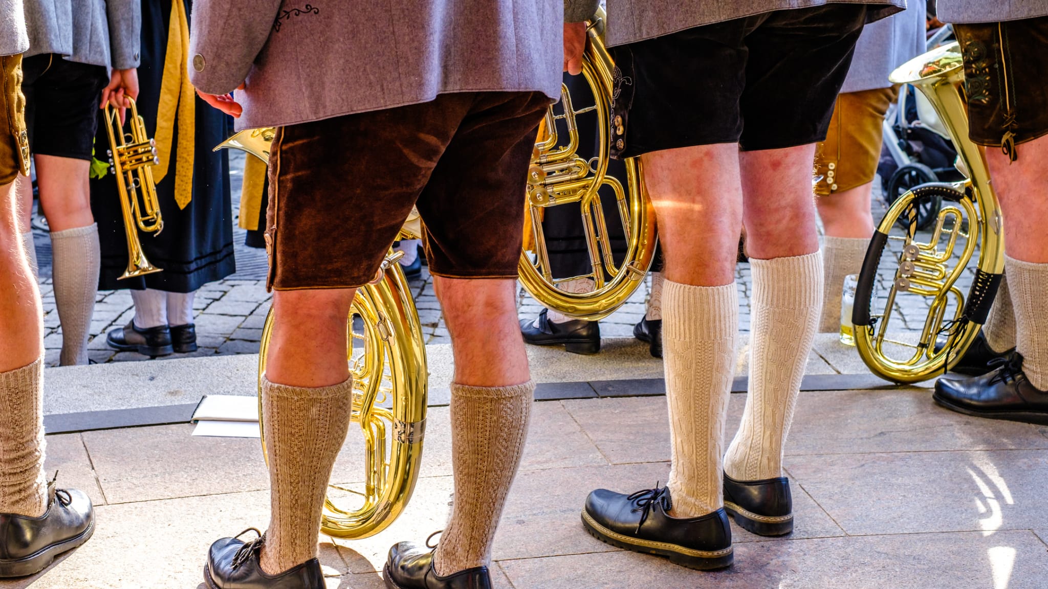 Männer in Tracht mit Blasinstrumenten.