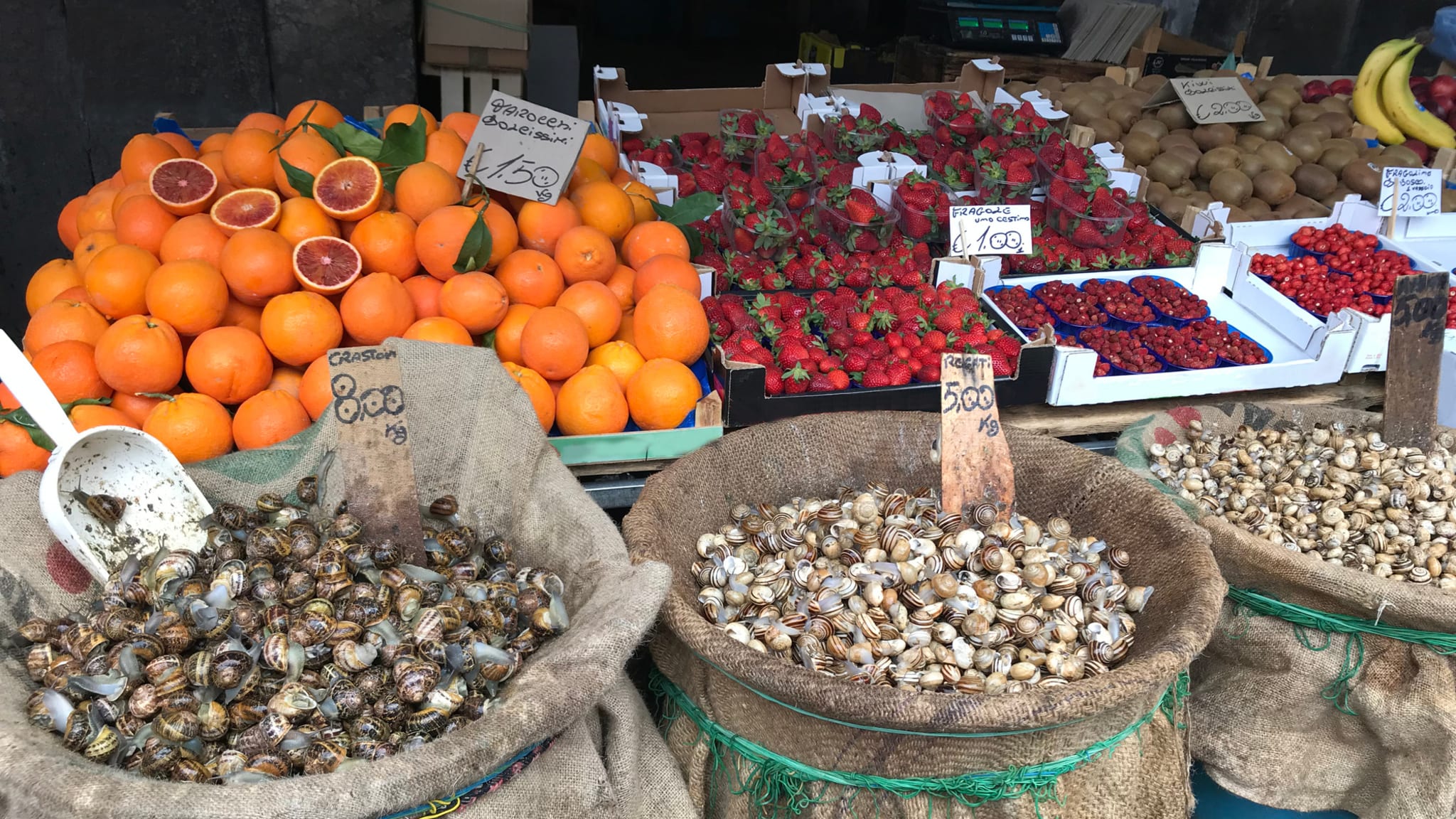 Obst und Schnecken auf einem Markt in Sizilien, Italien.