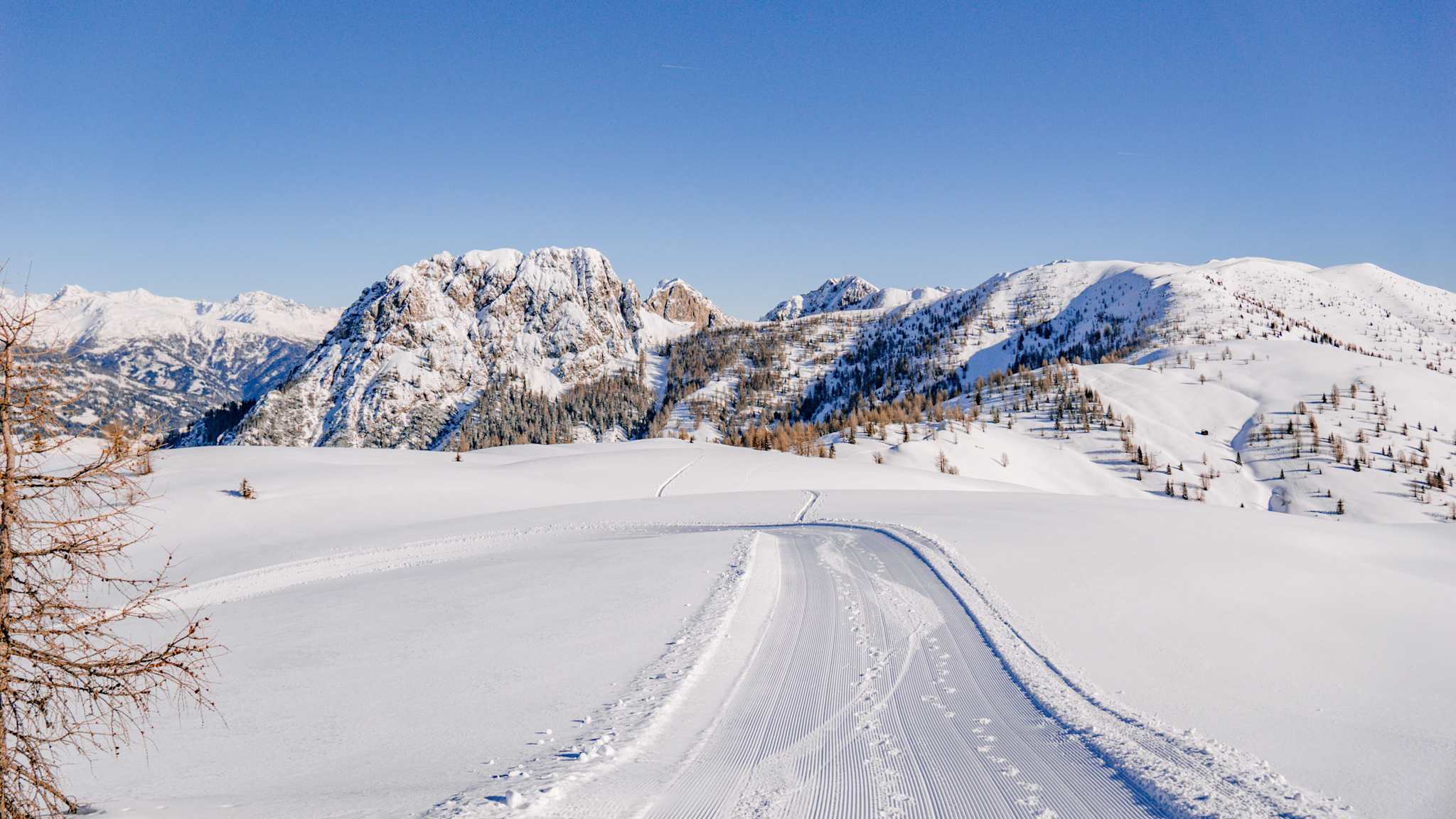 Weite Ebene mit schneebedeckten Bergen.