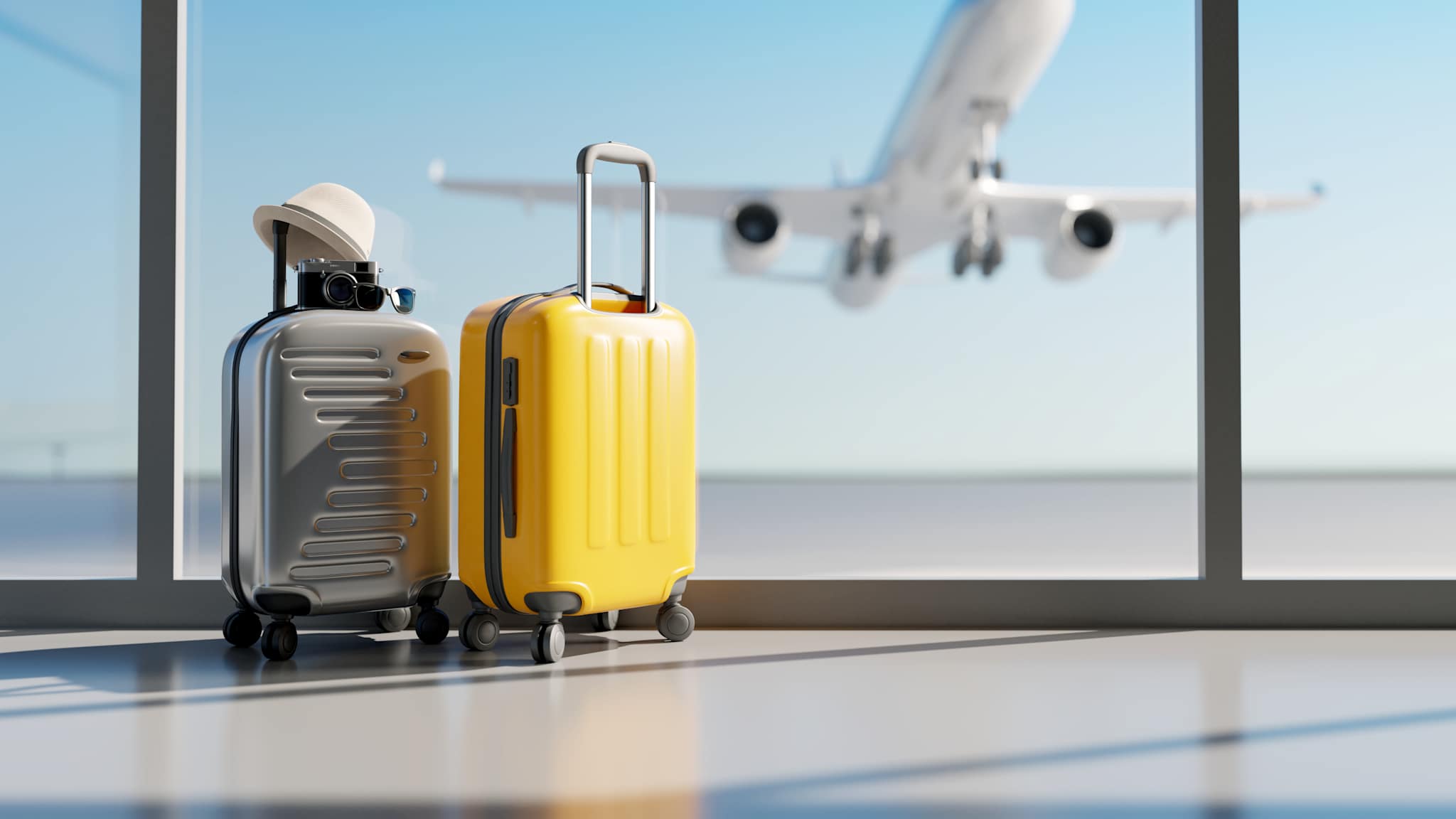 Zwei Koffer stehen an einem Flughafen. Dahinter startet ein Flugzeug.