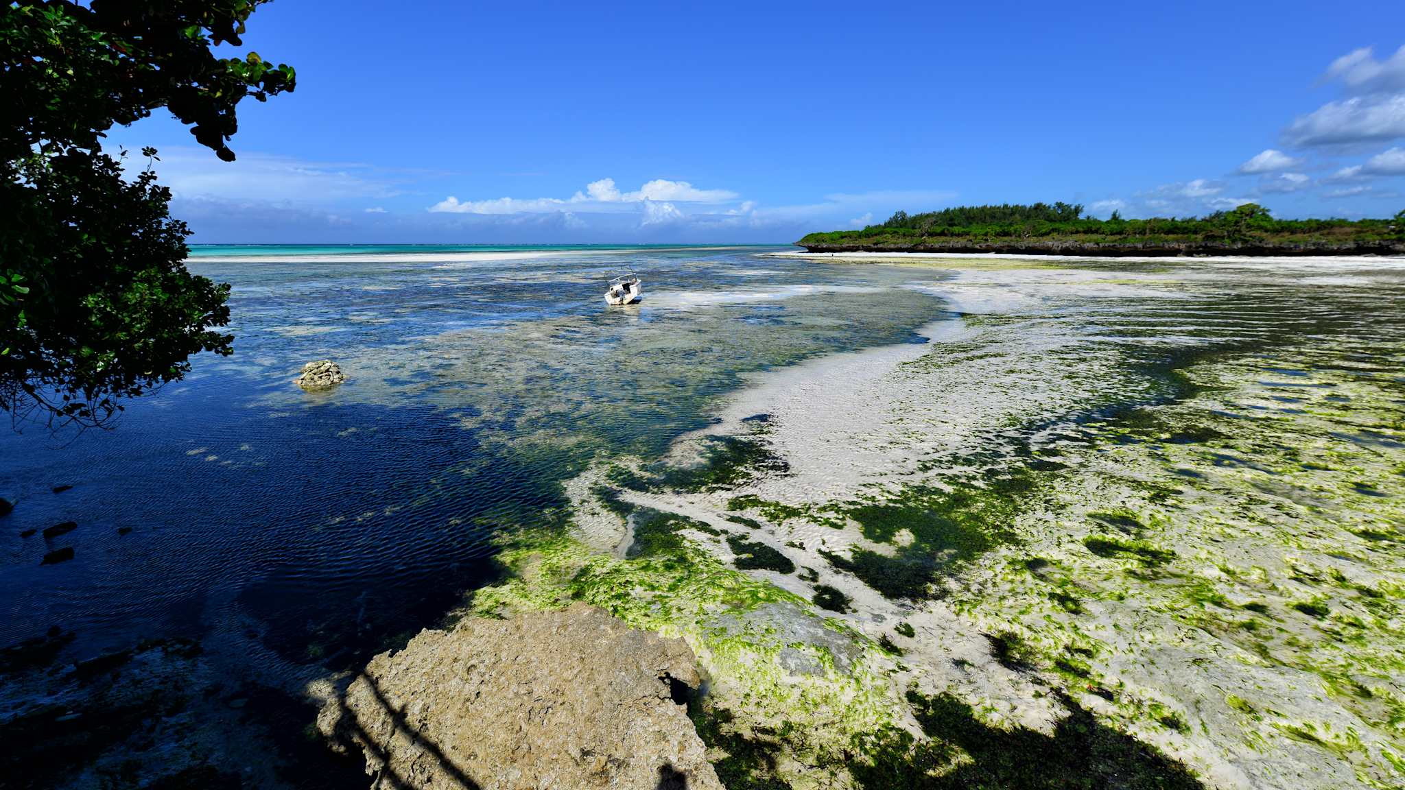 Ein leerer Strand mit einem einzelnen Boot in der Entfernung