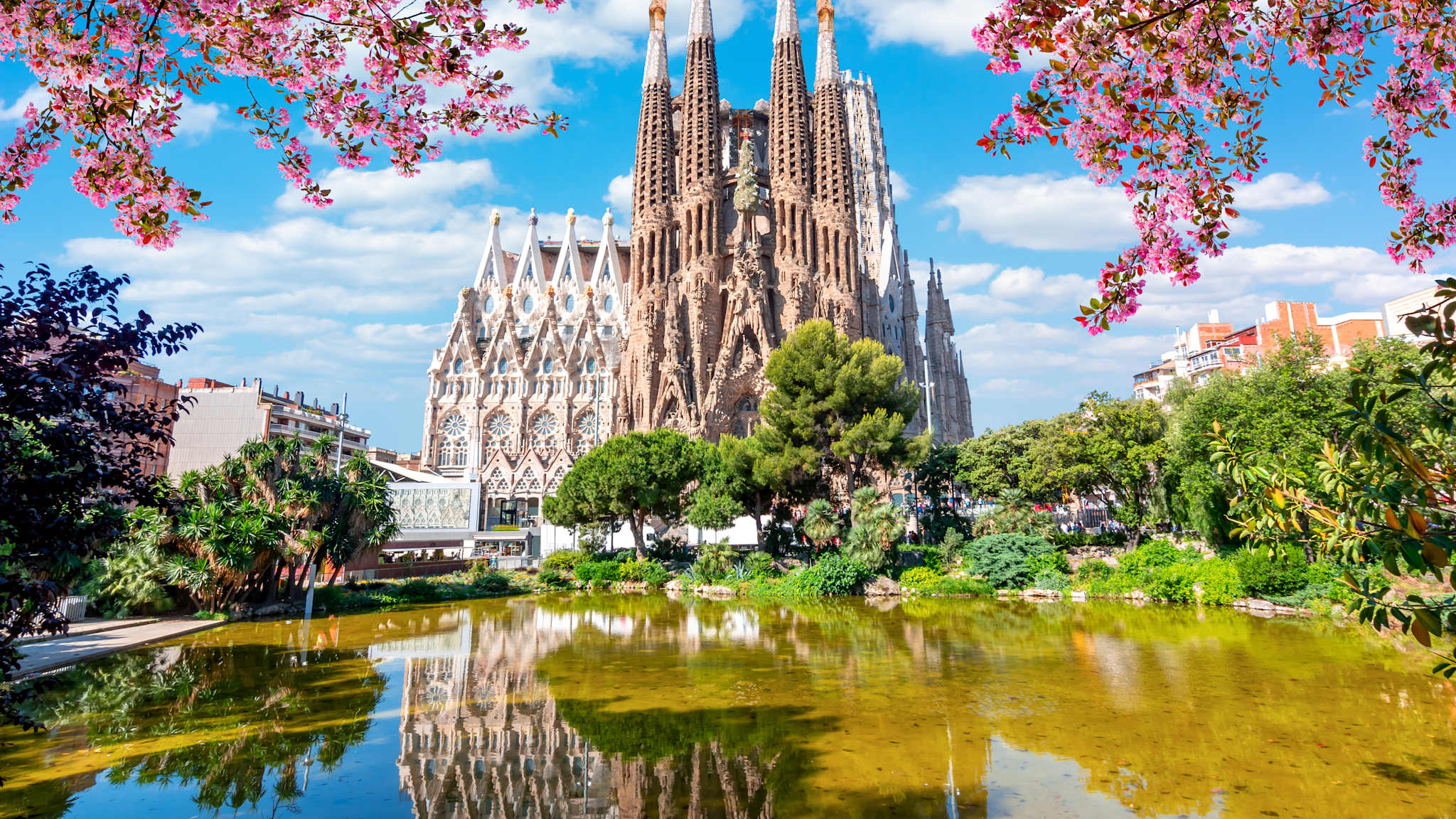 Eine große Kathedrale an einem Teich.