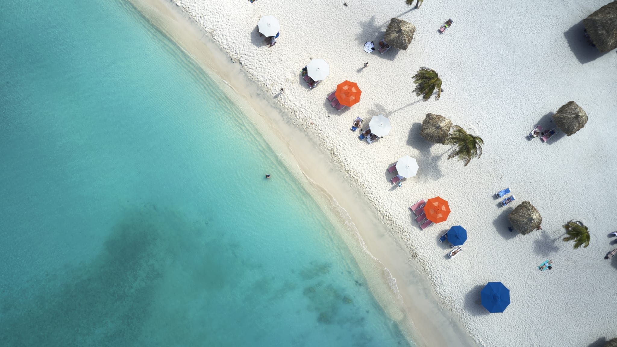 Ansicht von oben. Links ist das Meer, rechts ein Strand mit Sonnenschirmen, Palmen und Strandliegen.