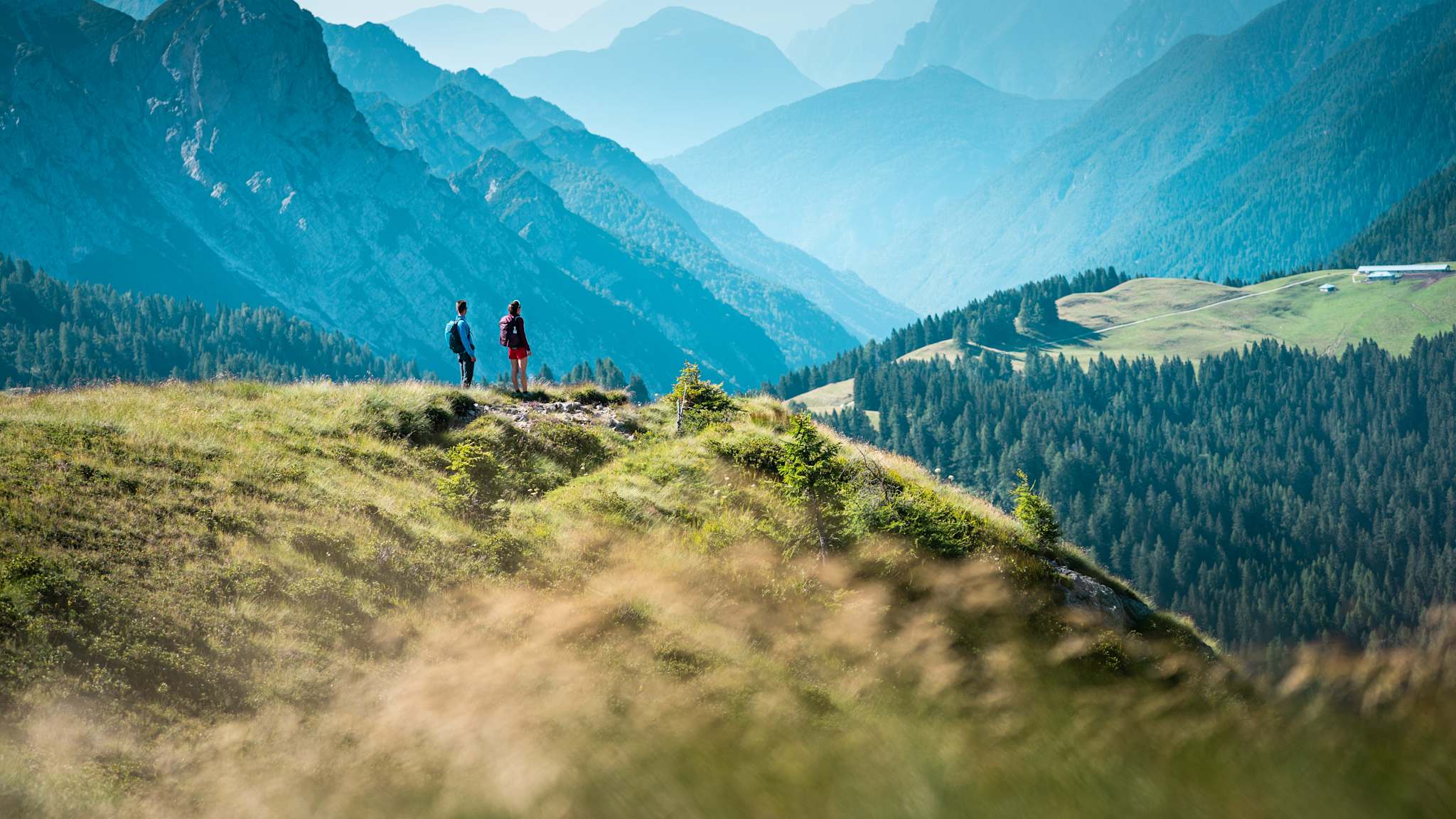 Zwei Wanderer über einem Tal.