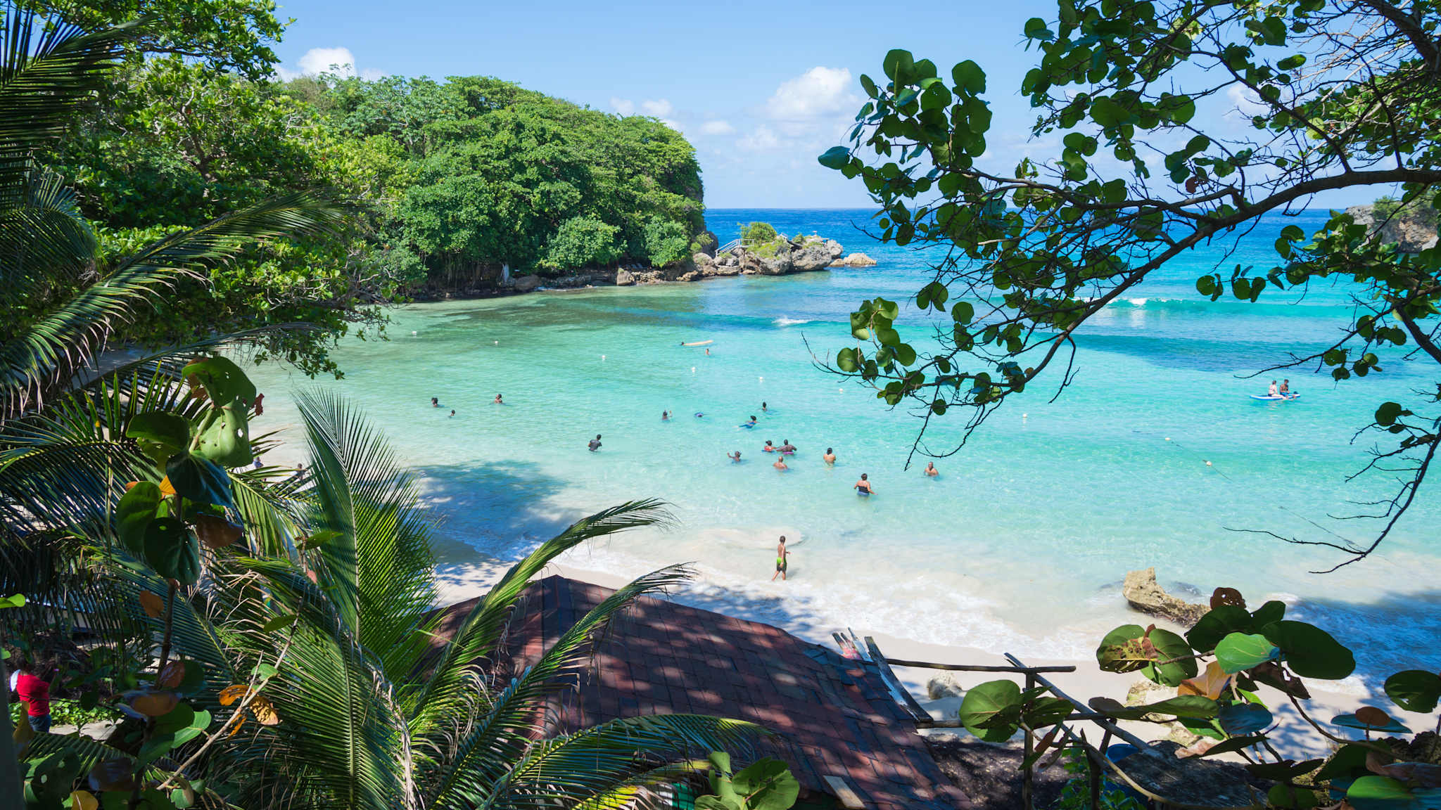 Blick auf ein Strand durchs Grüne