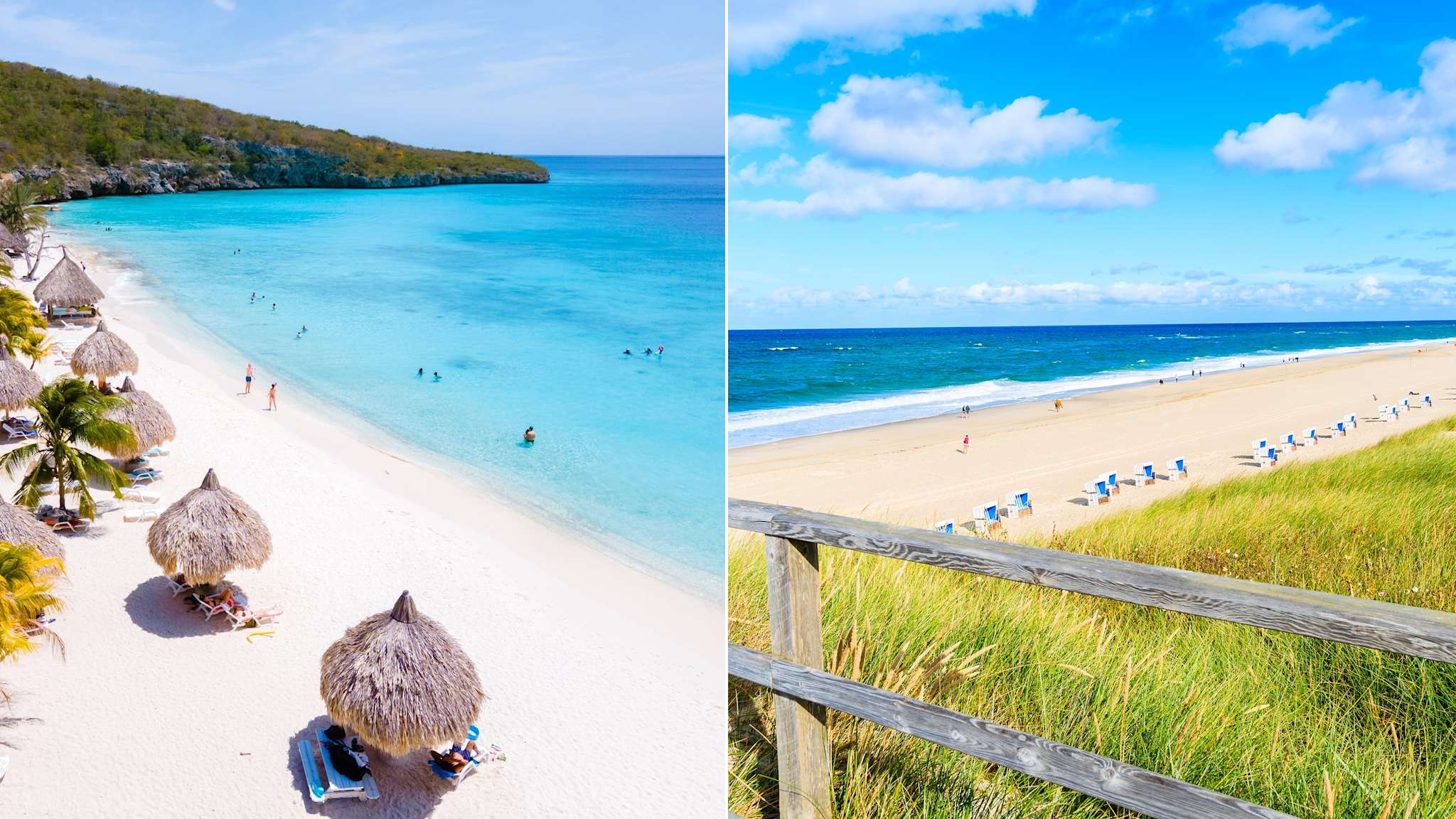 Links ein Strand auf Curacao, rects ein Strand auf Sylt, Deutschland.