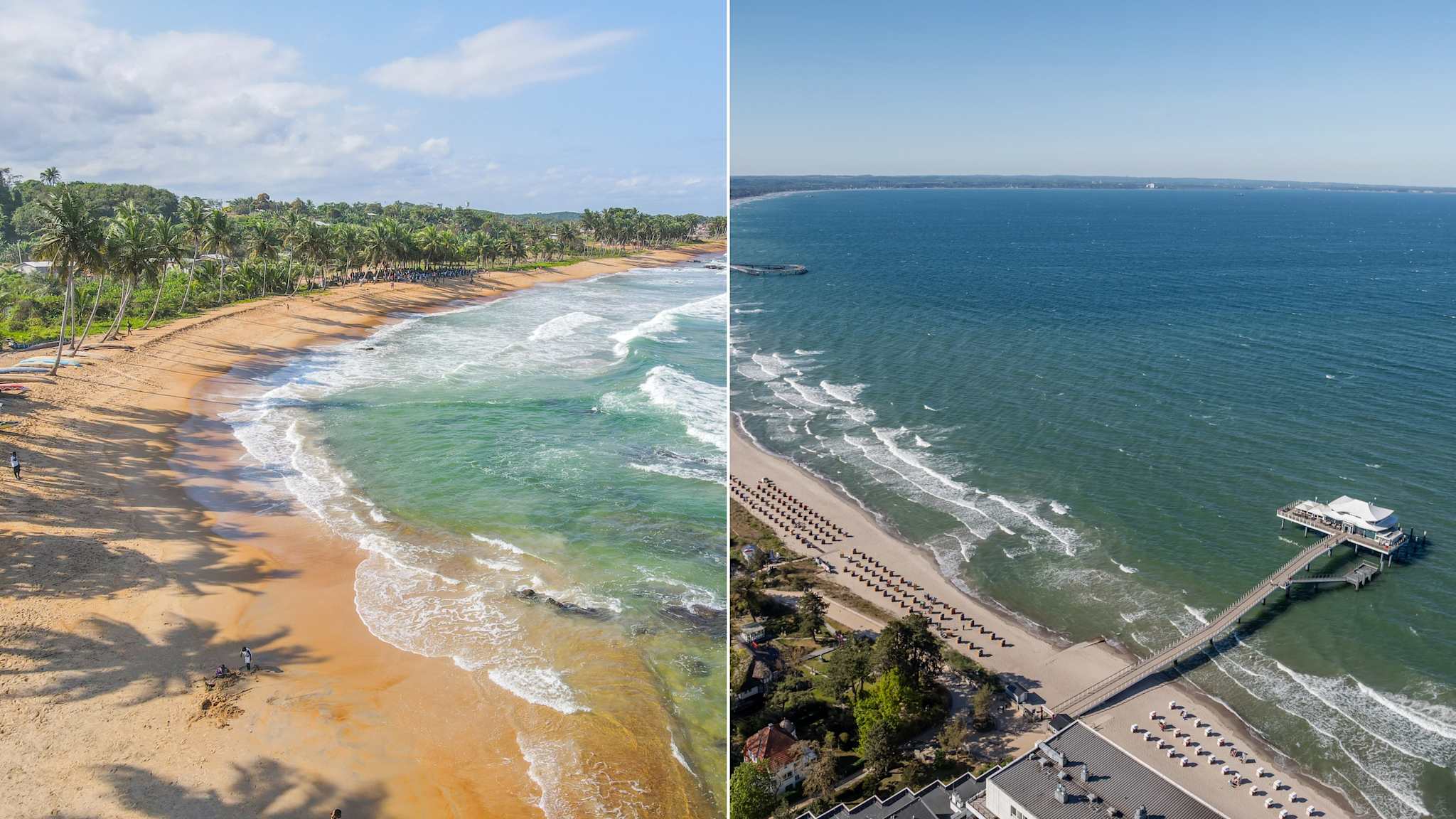 Links ein Strandbild der Elfenbeinküste, rechts ein STrand an Deutschlands Ostseeküste