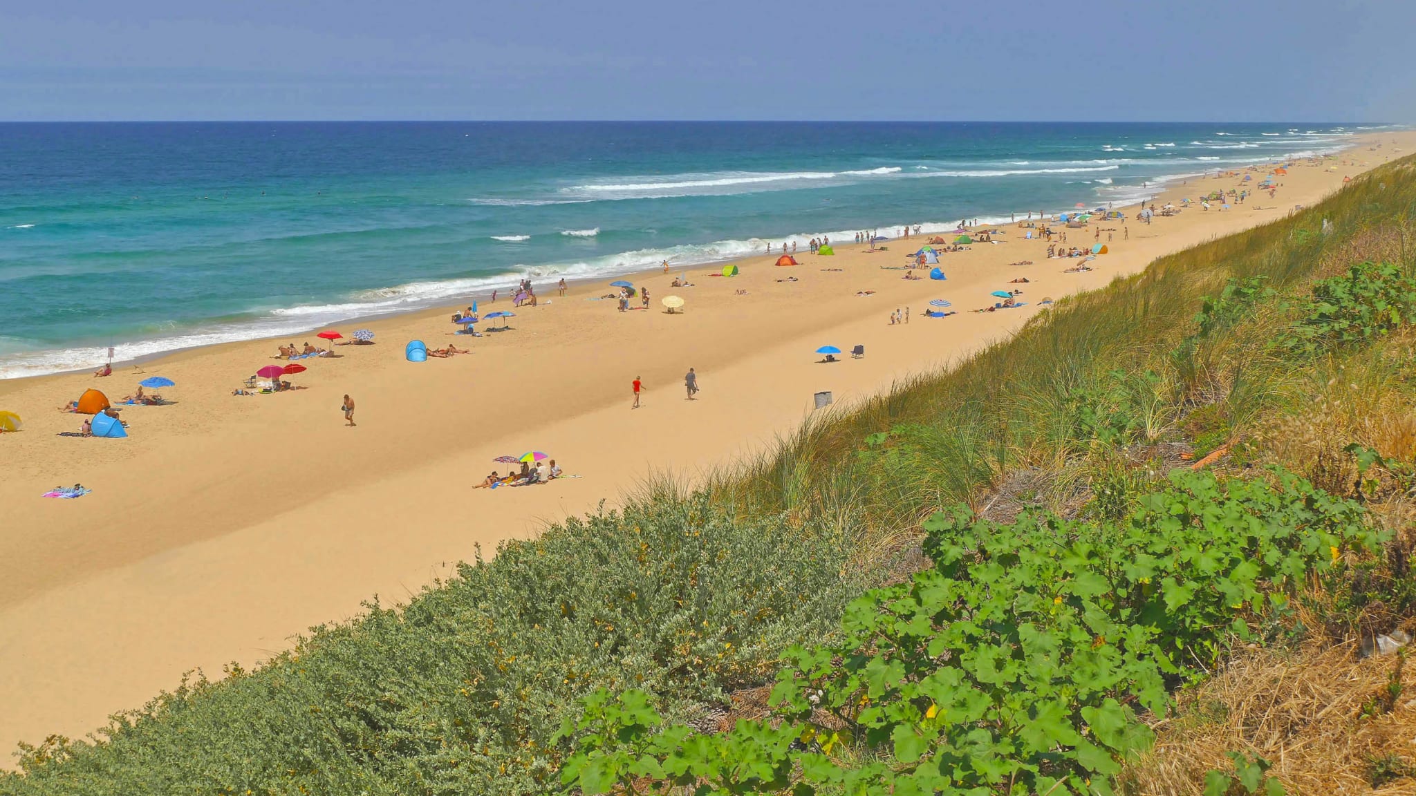 Blick auf einen langen goldfarbenen Sandstrand. Darauf sind ein paar Menschen mit bunten Sonnenschirmen.