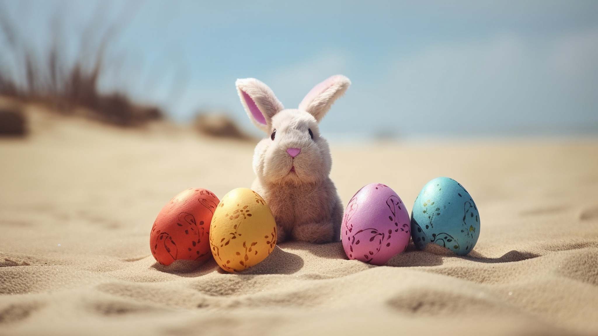 Osterhase und bunt bemalte Eier am Sand am Meer.