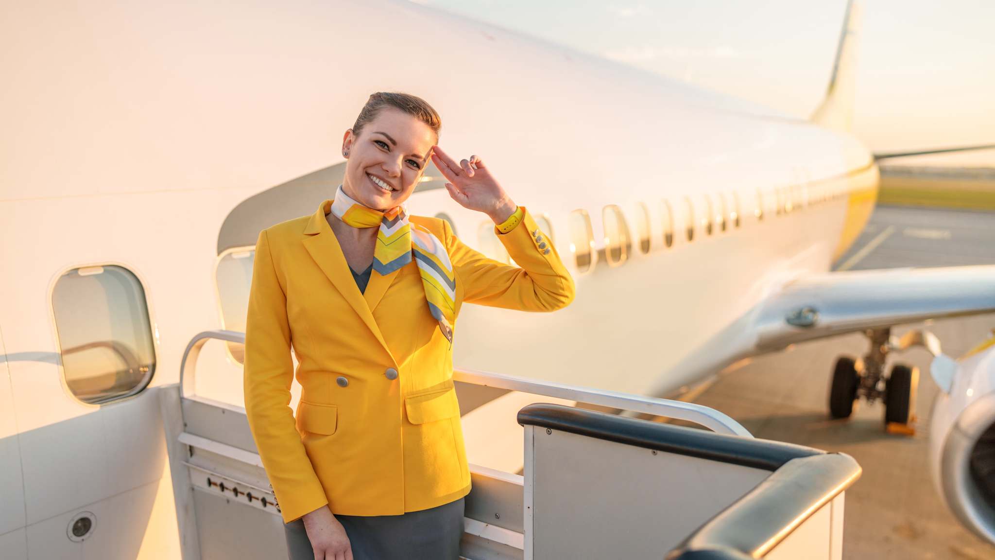 Einde Stewardess grüßt am Eingang eines Flugzeugs.