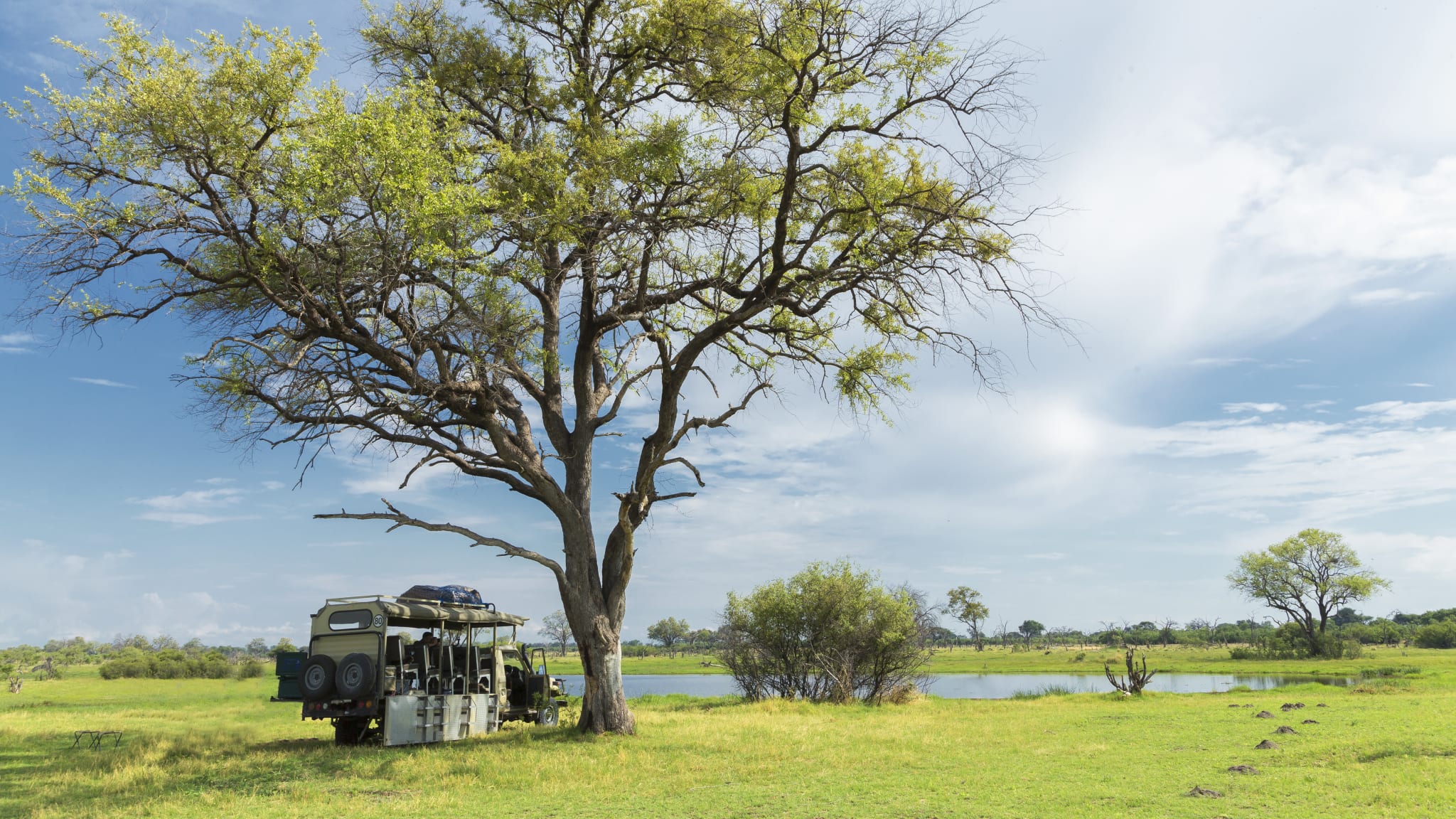Stationary safari truck, Okavango Delta, Chobe National Park, Botswana, Africa