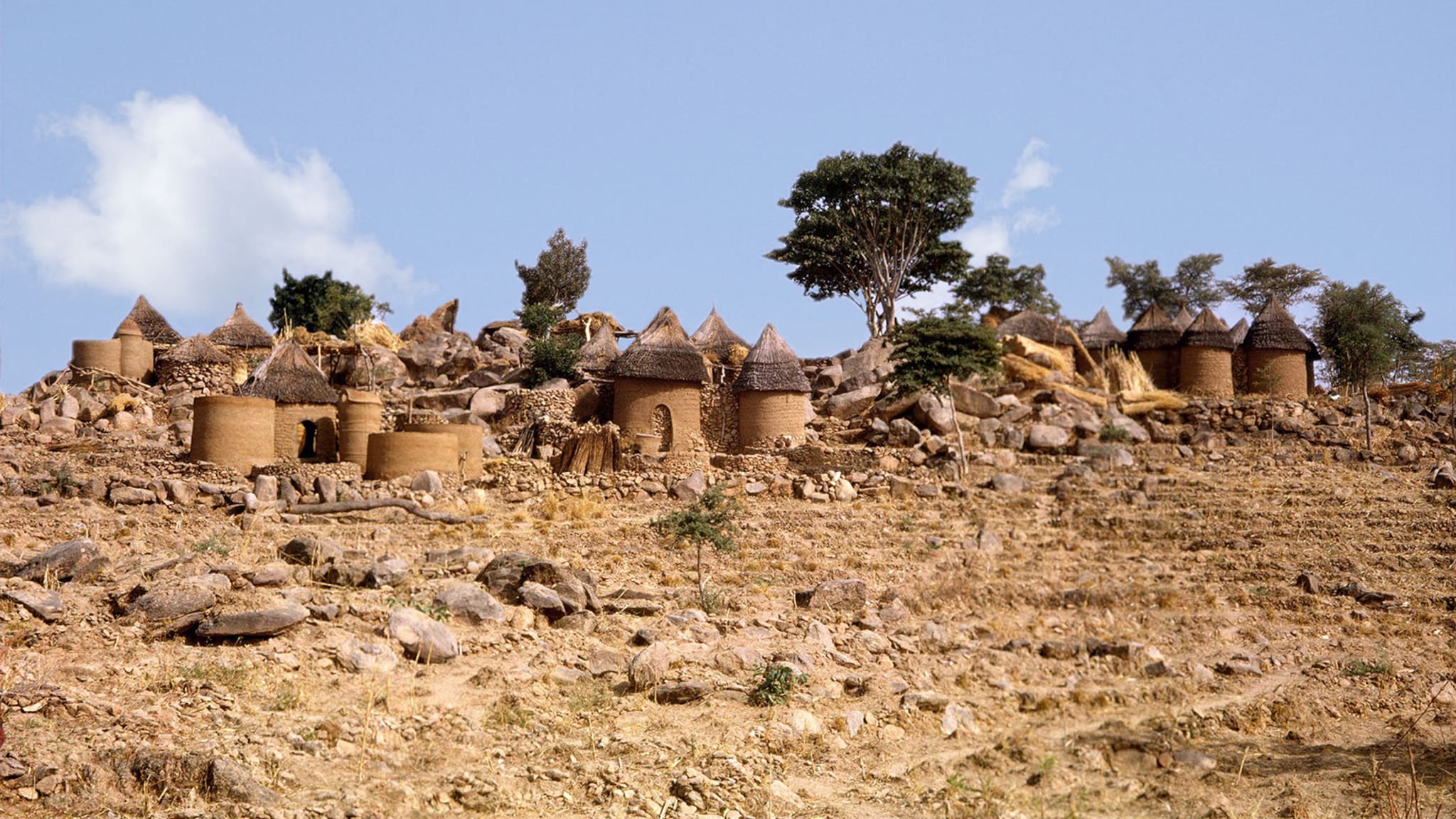 Village in Northern Kamerun. Sehr wüstenähnliche Landschaft. Blauer Himmel.