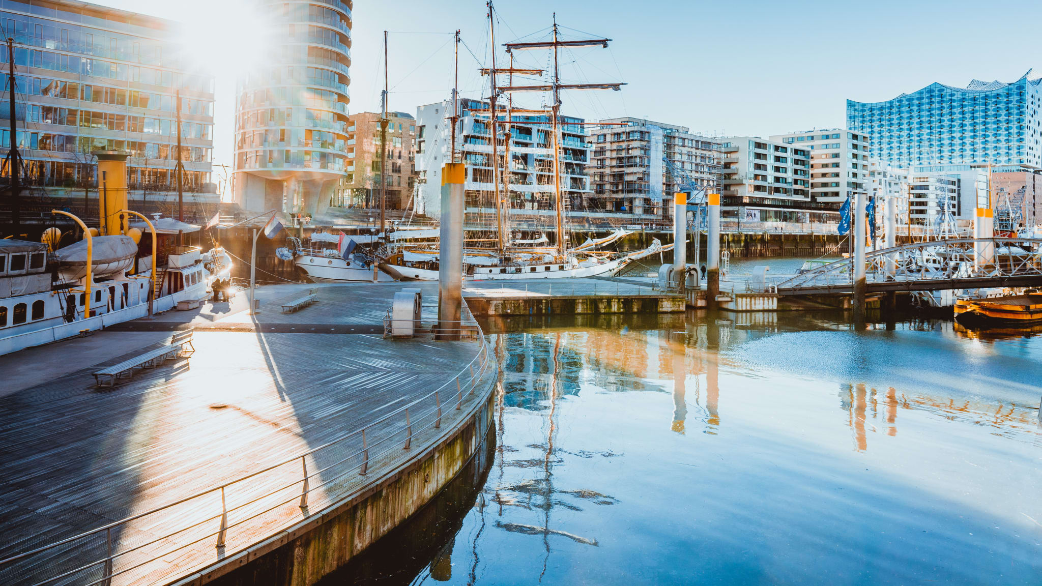 View of the port of Hafencity on a sunny day, Hamburg, Germany