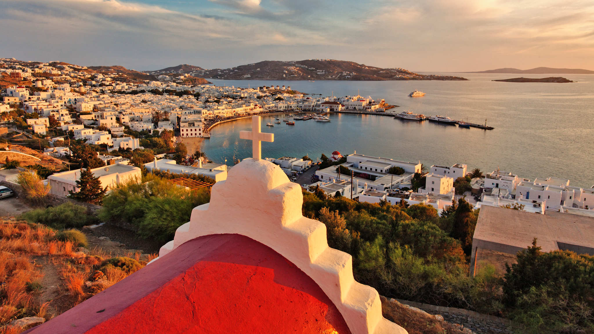 Elevated view of Mykonos Harbor at sunset