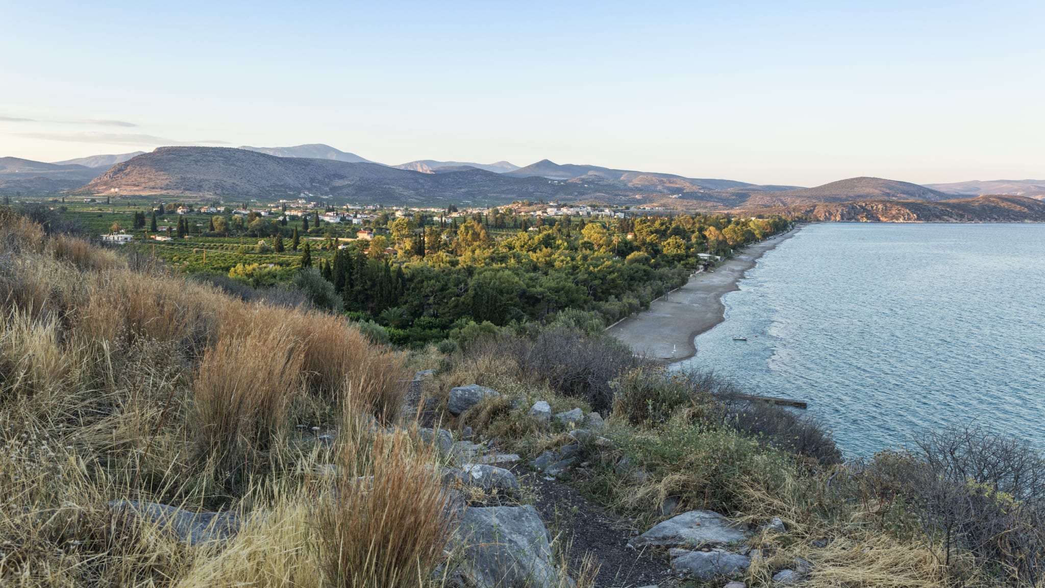 Greece, Peloponnese, Arcadia, View from ancient Asini to Plaka beach and Drepano