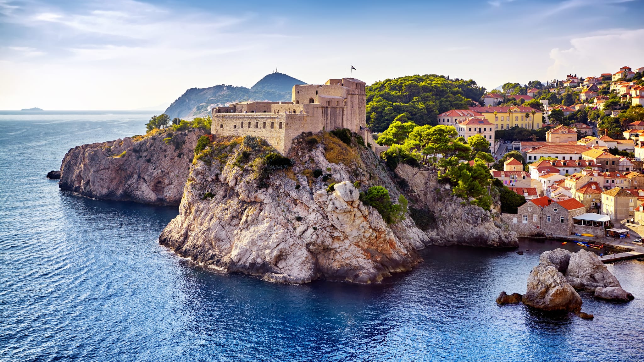 The General view of Dubrovnik - Fortresses Lovrijenac and Bokar seen from south old walls a. Croatia. South Dalmatia.
