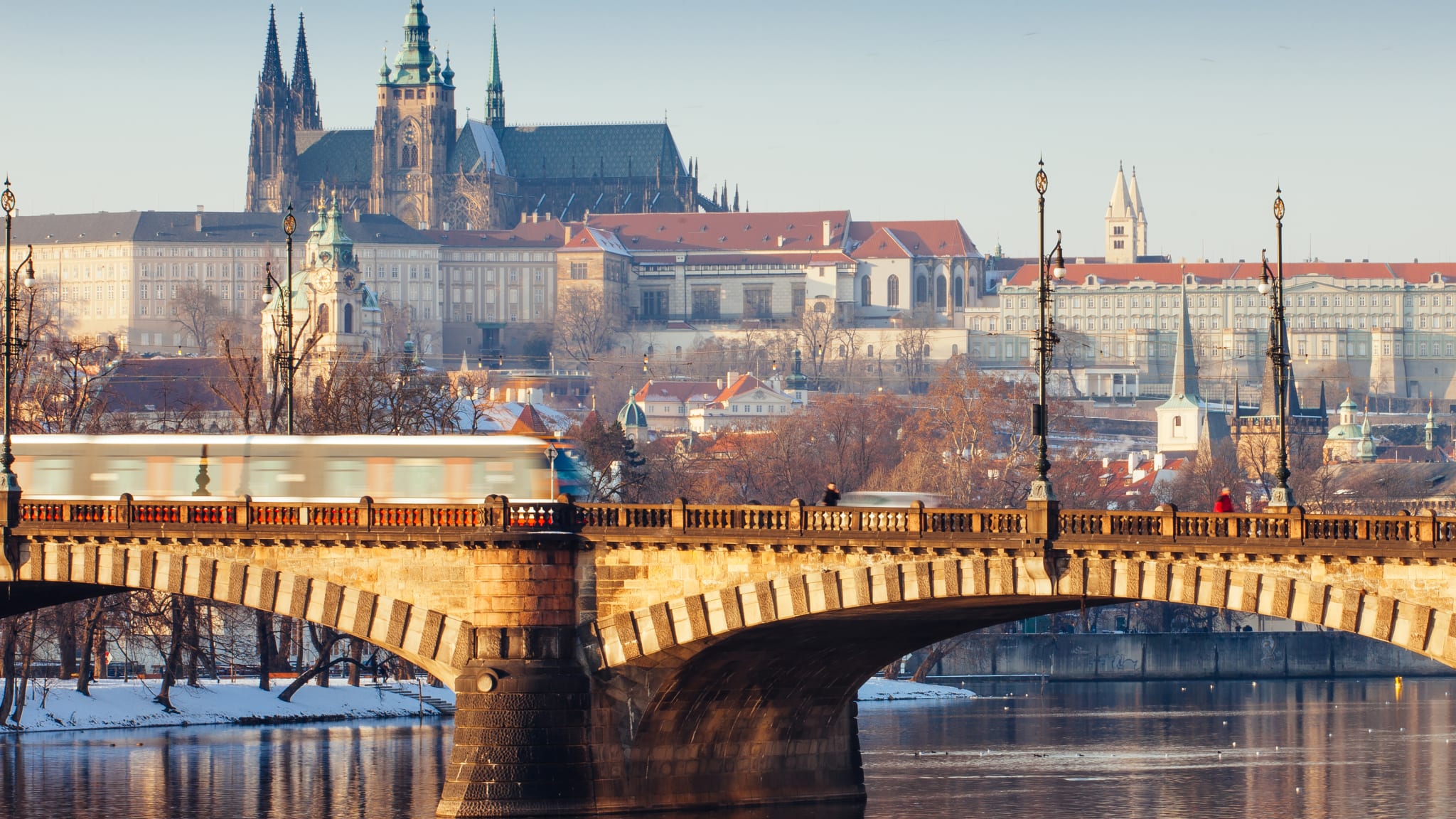 View on Prague castle and bridge, wintertime