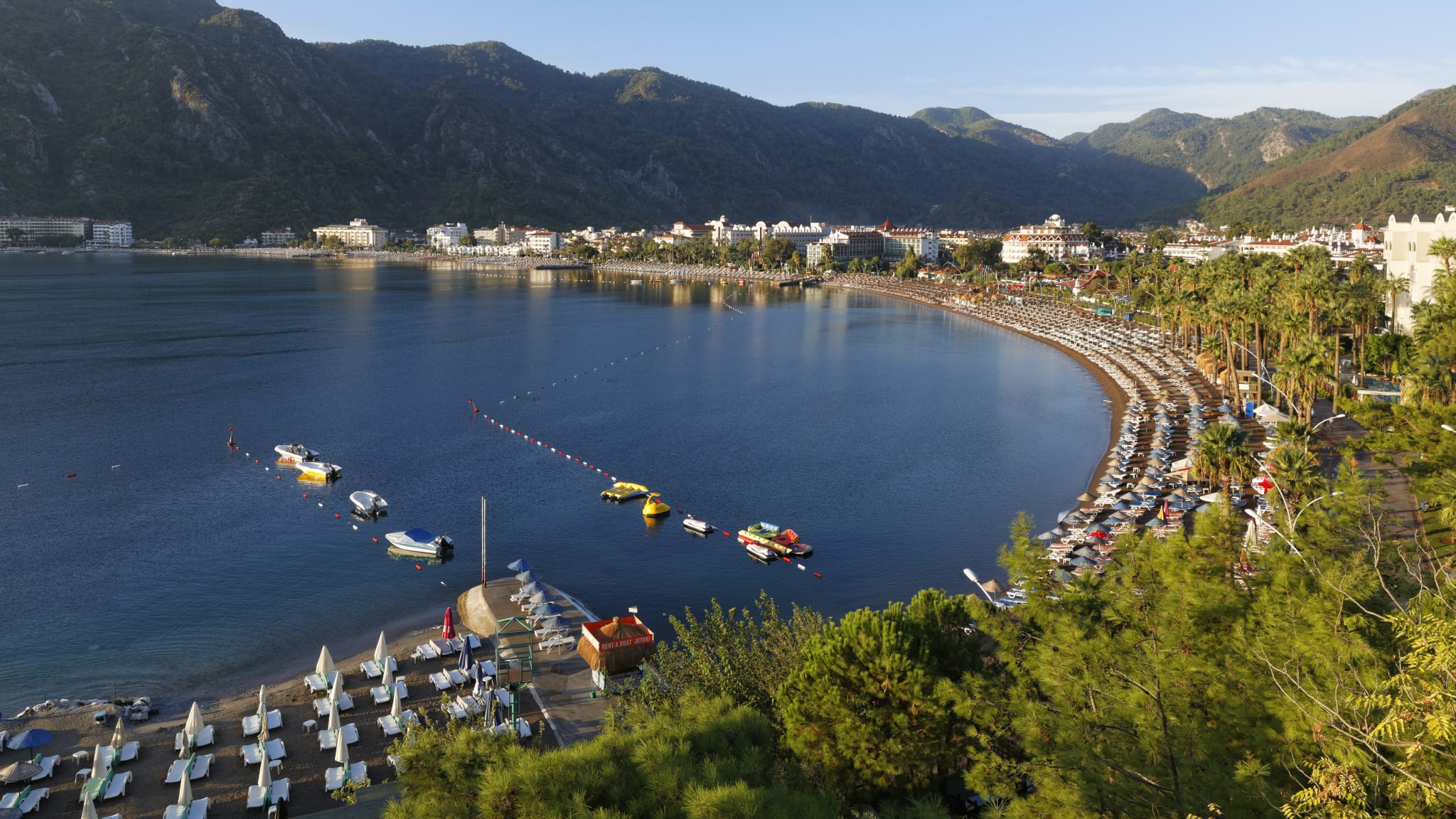 Beach of Icmeler near Marmaris, in the morning, Mugla Province, Aegean, Turkey