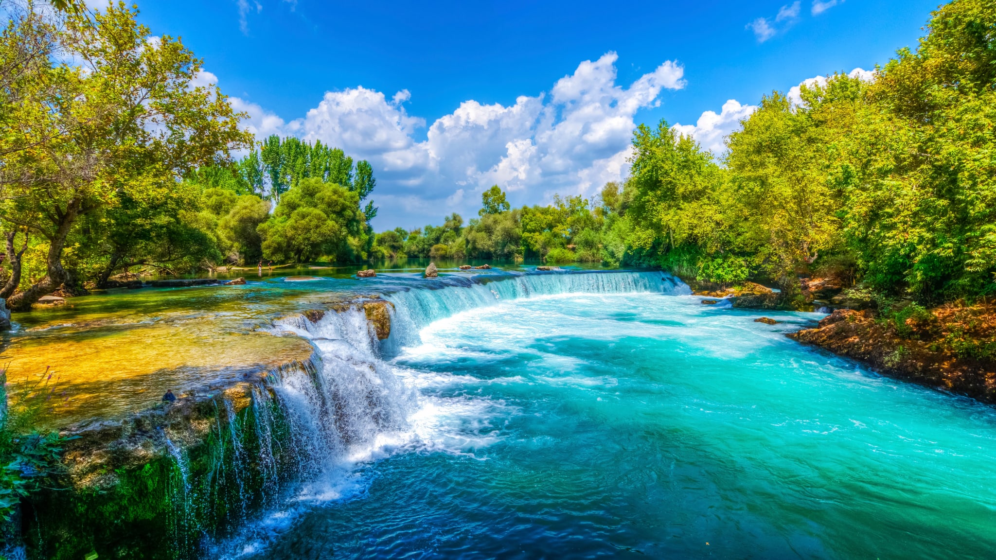Blick auf einen Wasserfall umgeben von Bäumen